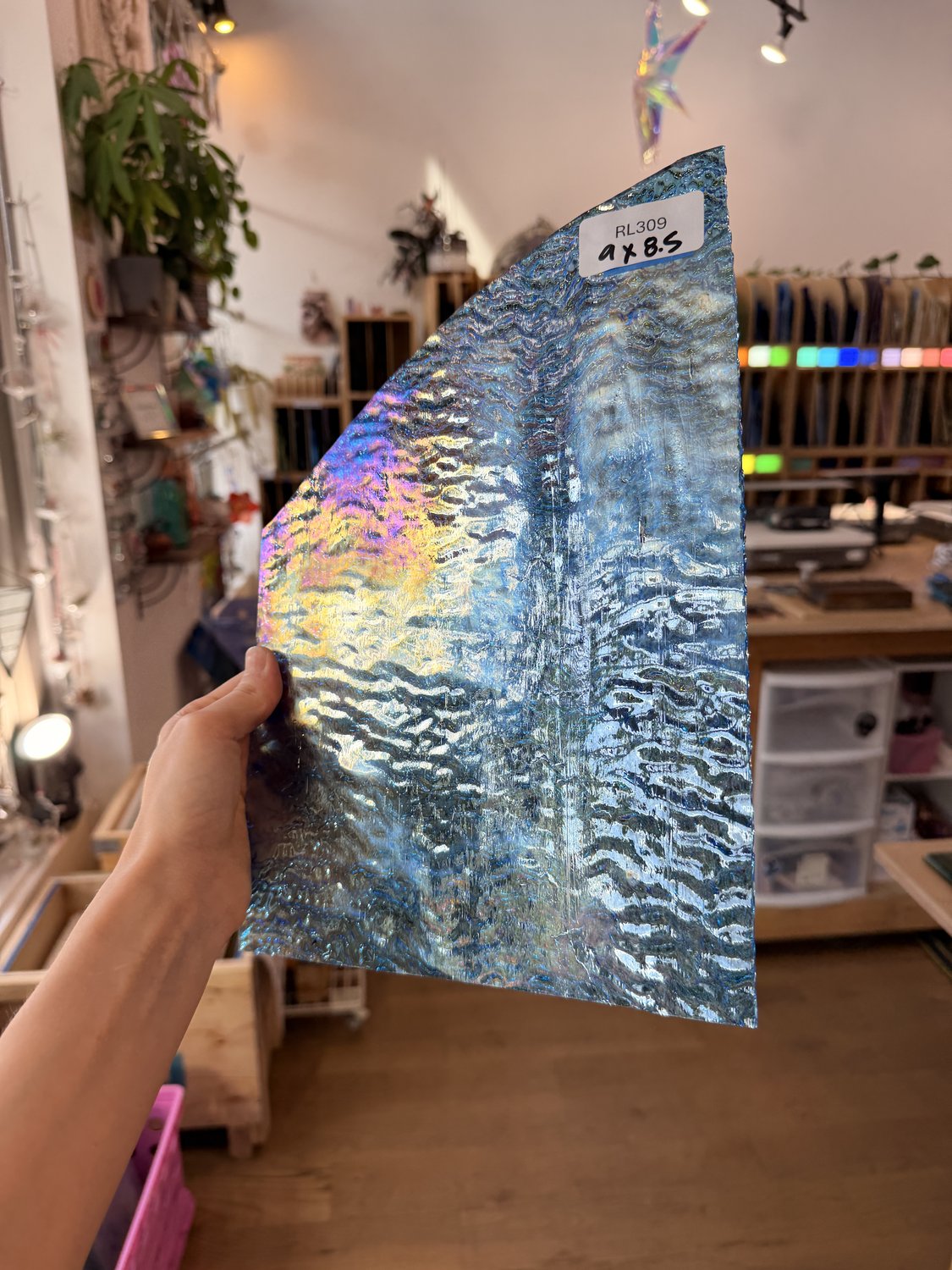 Iridescent Transparent Peacock Blue Tight Ripple Kokomo Sheet Glass