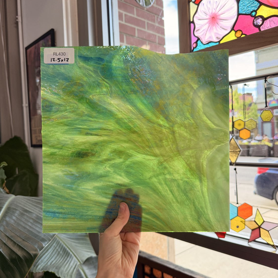 Green Iridescent White Wispy Wissmach Sheet Glass