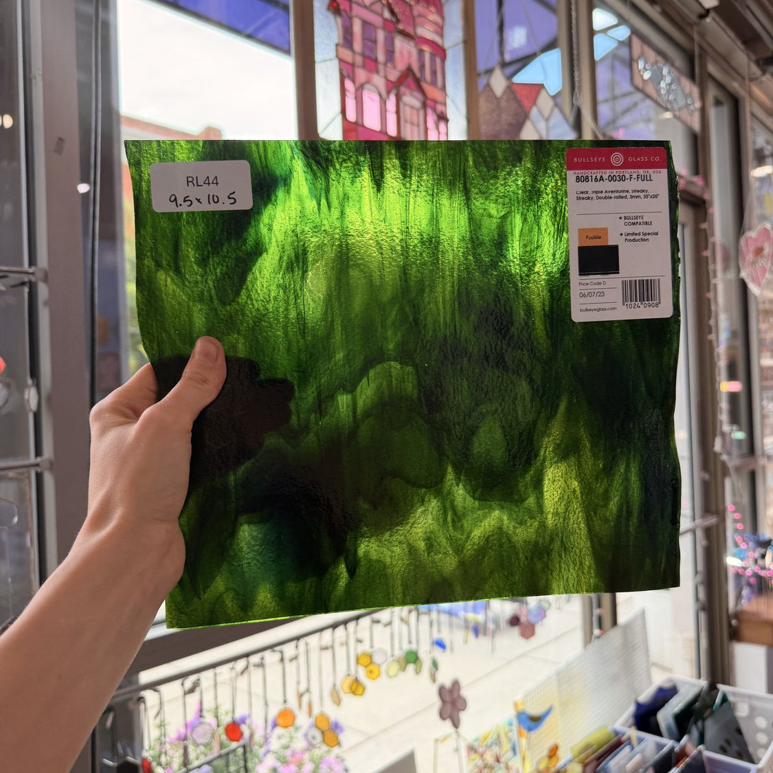 Green Wispy Mixed Aventurine Bullseye Fusible 90 COE Sheet Glass