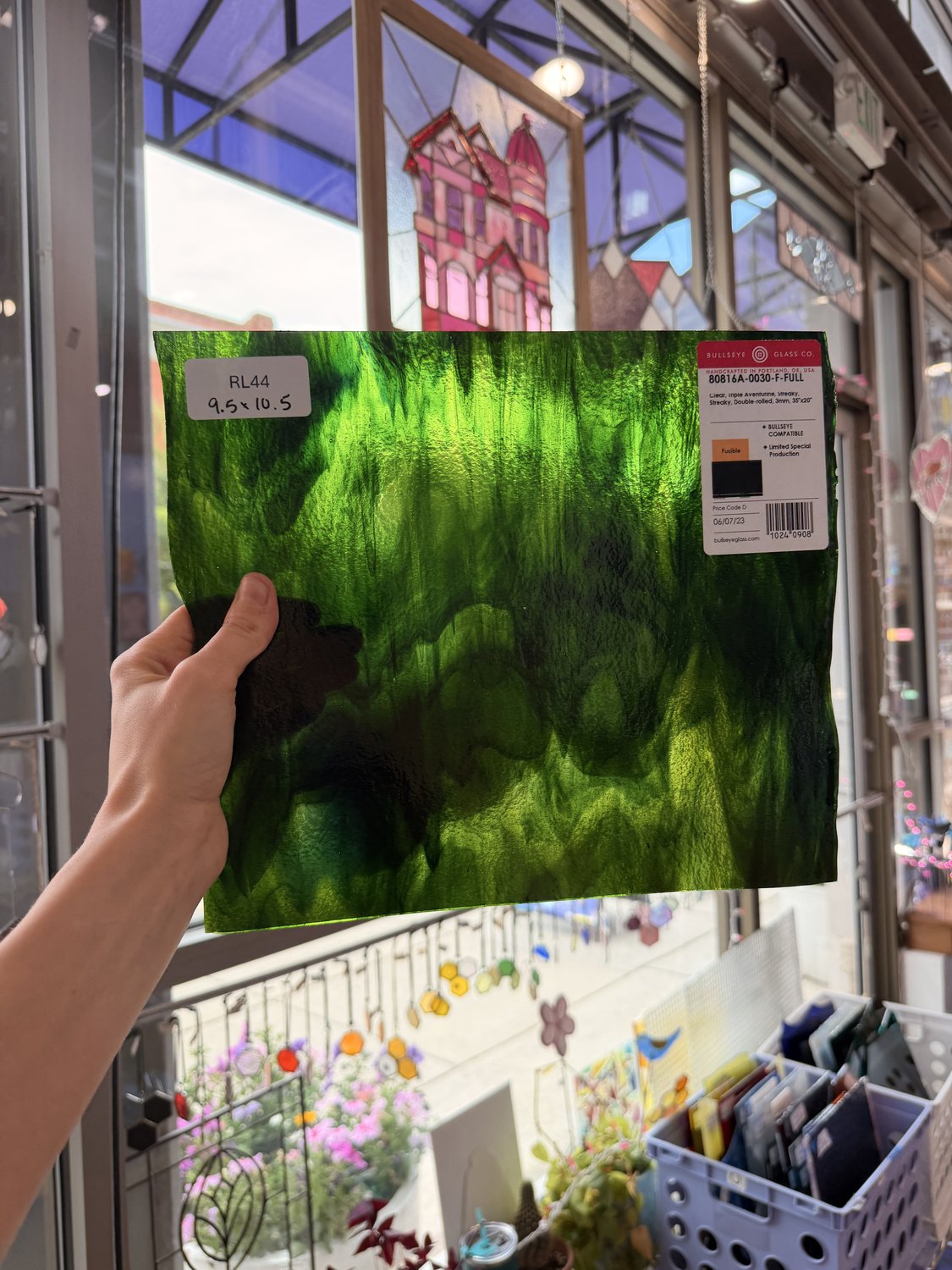 Green Wispy Mixed Aventurine Bullseye Fusible 90 COE Sheet Glass
