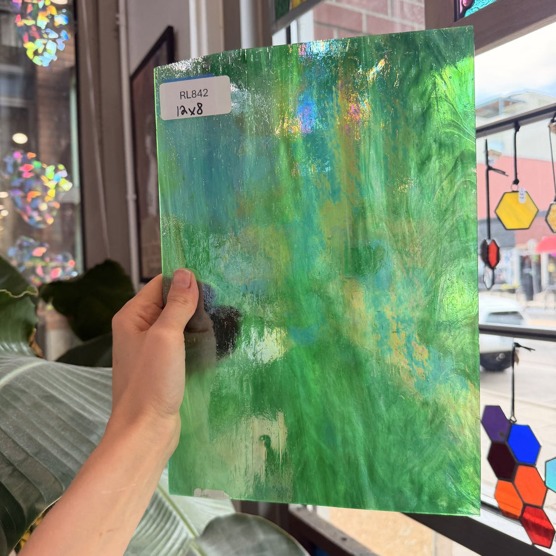 Holly Green Opal and Clear Iridescent Kokomo Sheet Glass
