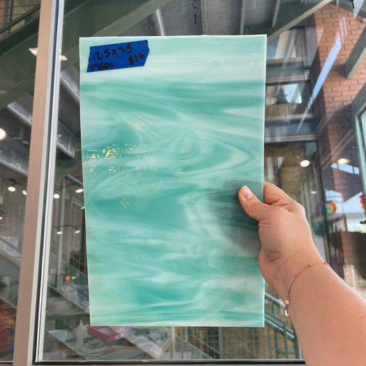 Teal White Wispy Semi-Opaque Spectrum Sheet Glass Bullseye SP1601 (12.5x7.5in)