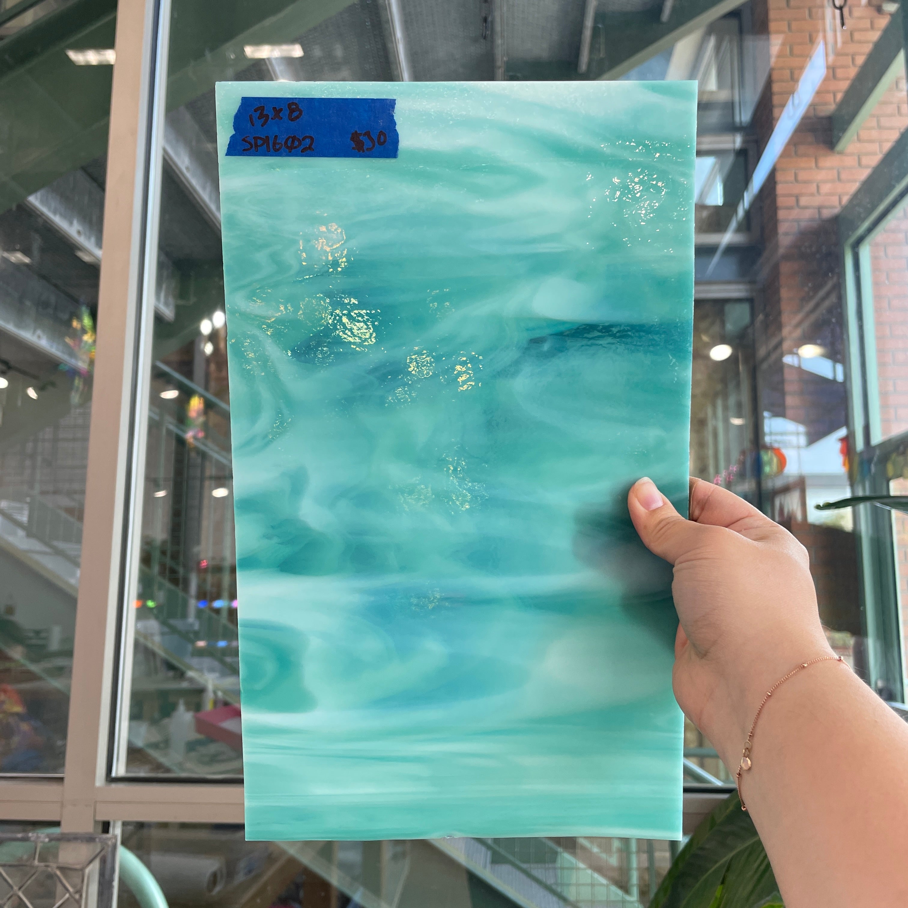 Teal White Wispy Semi-Opaque Spectrum Sheet Glass Bullseye SP1602 (13x8in)