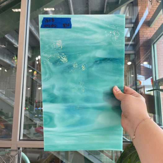Teal White Wispy Semi-Opaque Spectrum Sheet Glass Bullseye SP1602 (13x8in)