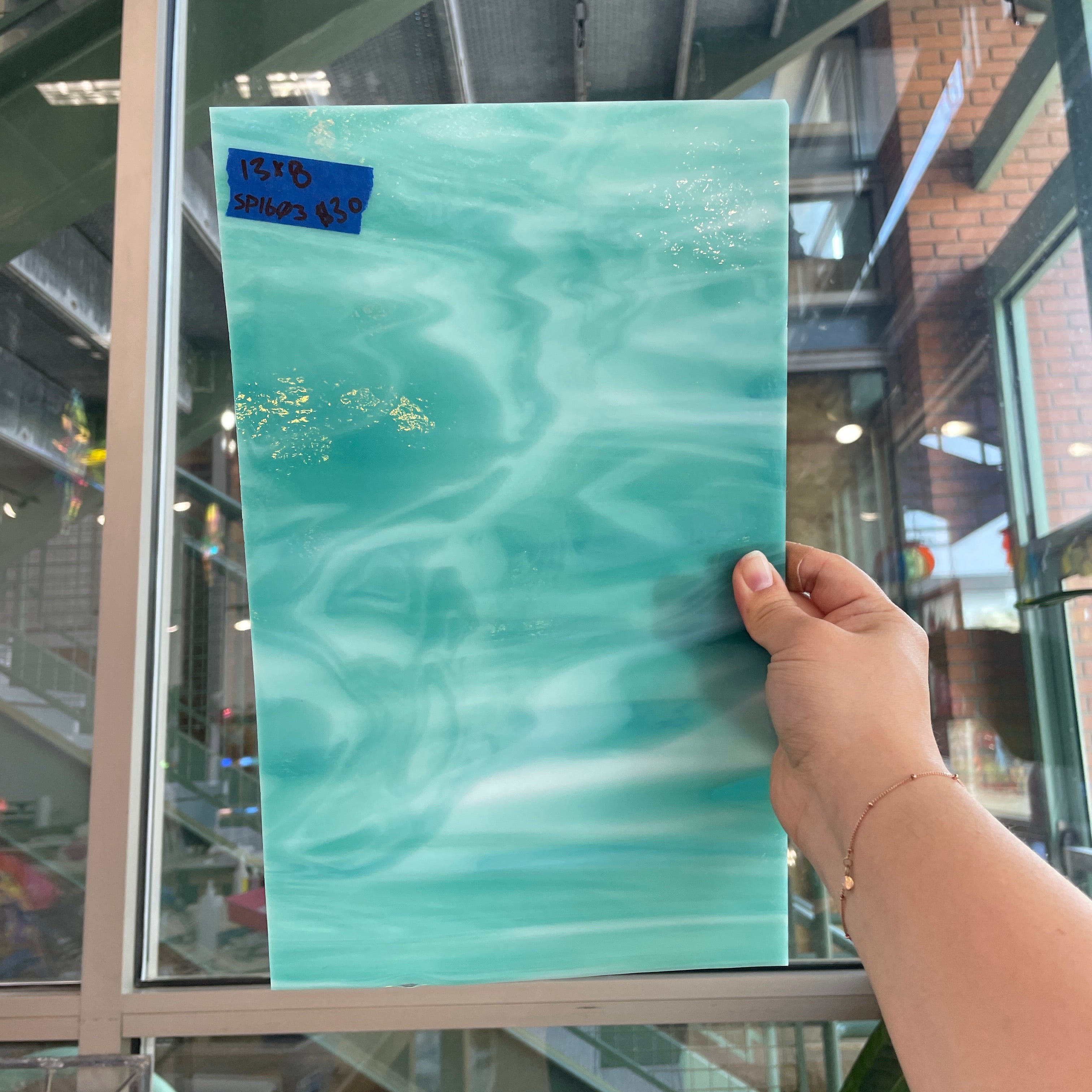 Teal White Wispy Semi-Opaque Spectrum Sheet Glass Bullseye SP1603 (13x8in)