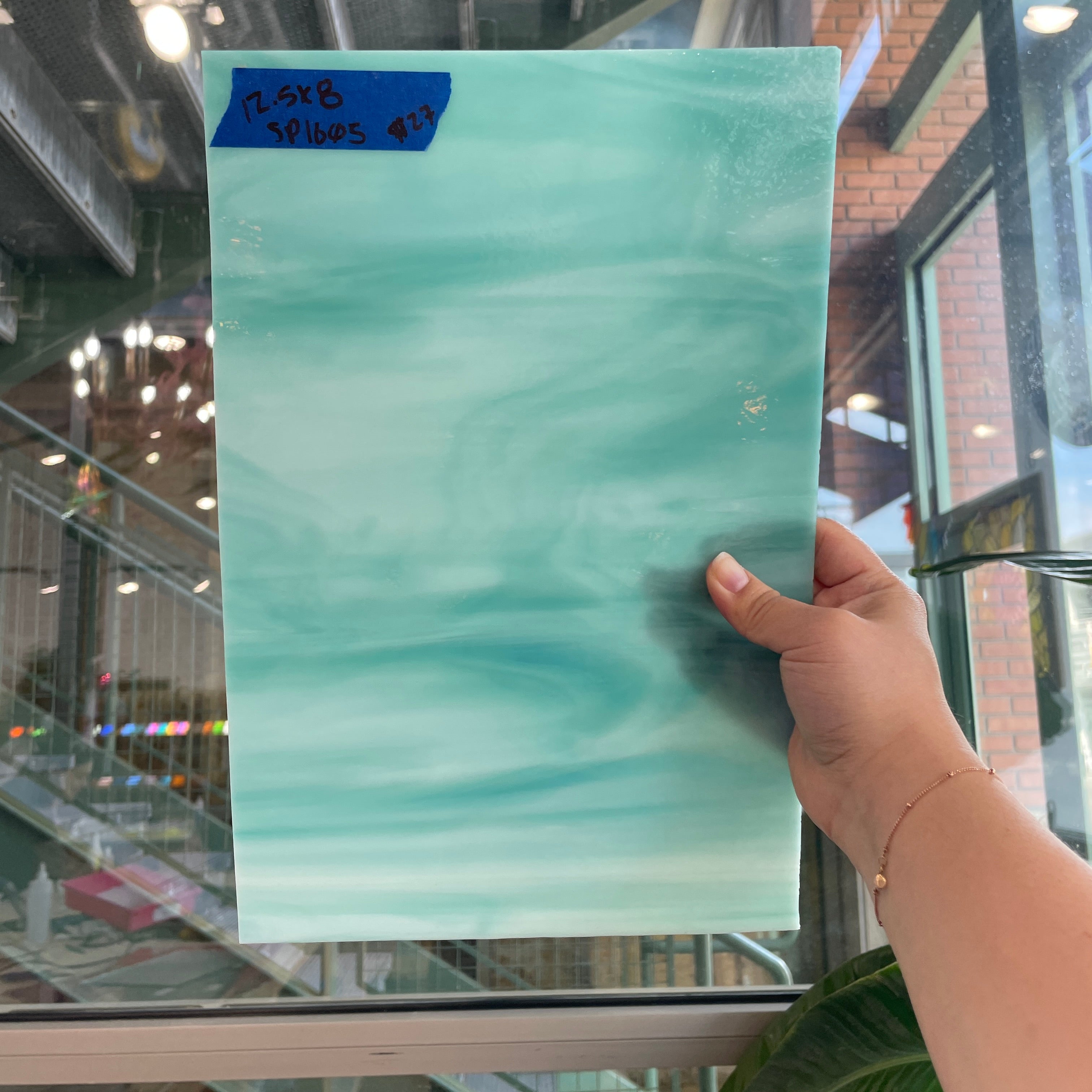 Teal White Wispy Semi-Opaque Spectrum Sheet Glass Bullseye SP1605 (12.5x8in)