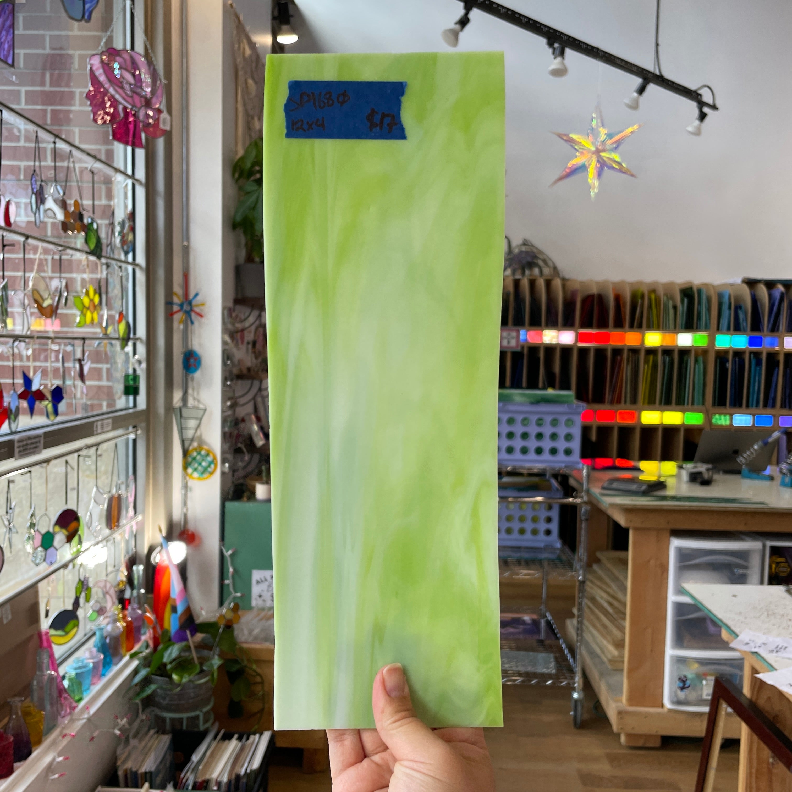 Light Green White Wispy Opaque Spectrum Sheet Glass Colorado Glassworks