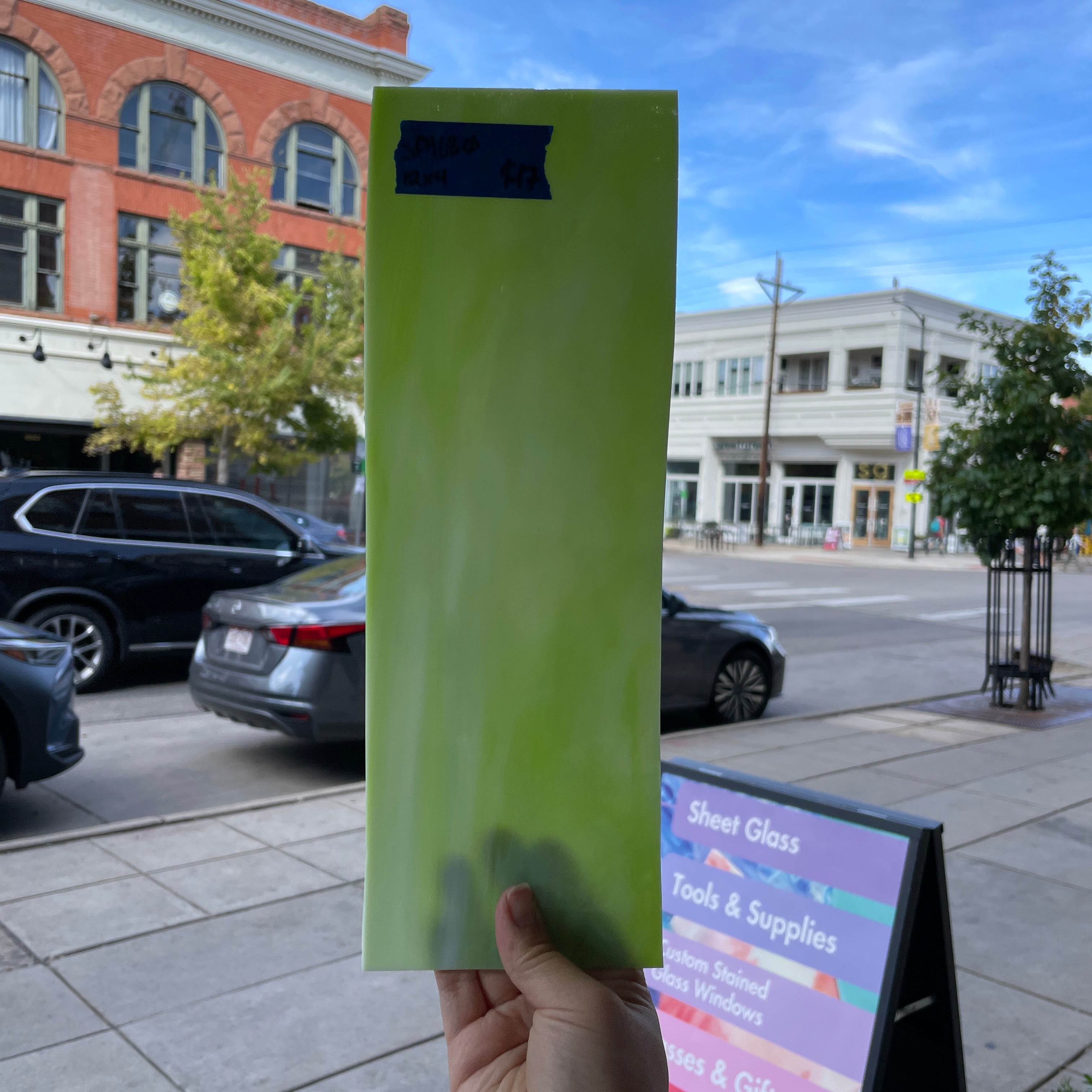 Light Green White Wispy Opaque Spectrum Sheet Glass Colorado Glassworks