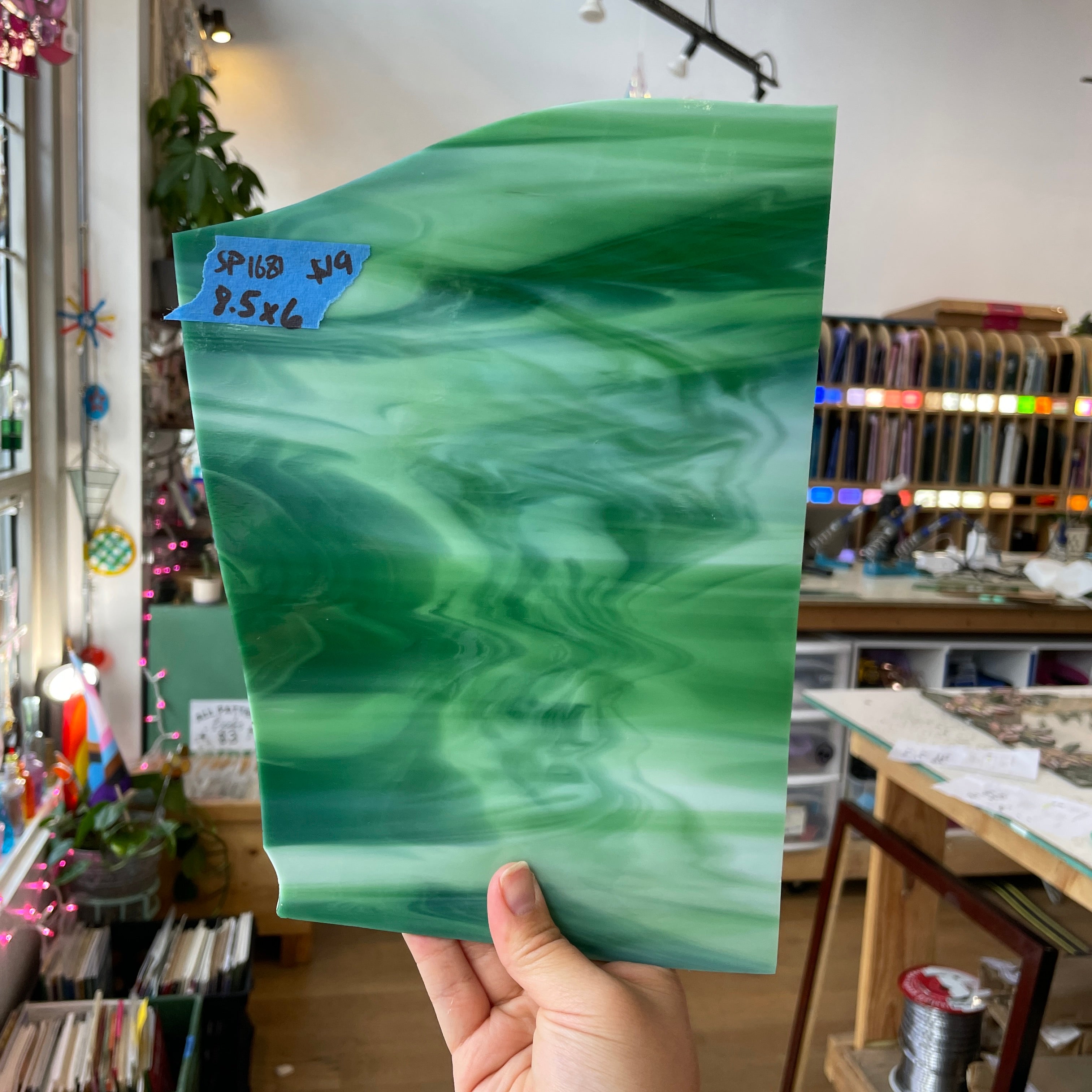 Green White Wispy Spectrum Sheet Glass Colorado Glassworks SP1681 (8.5x6in)