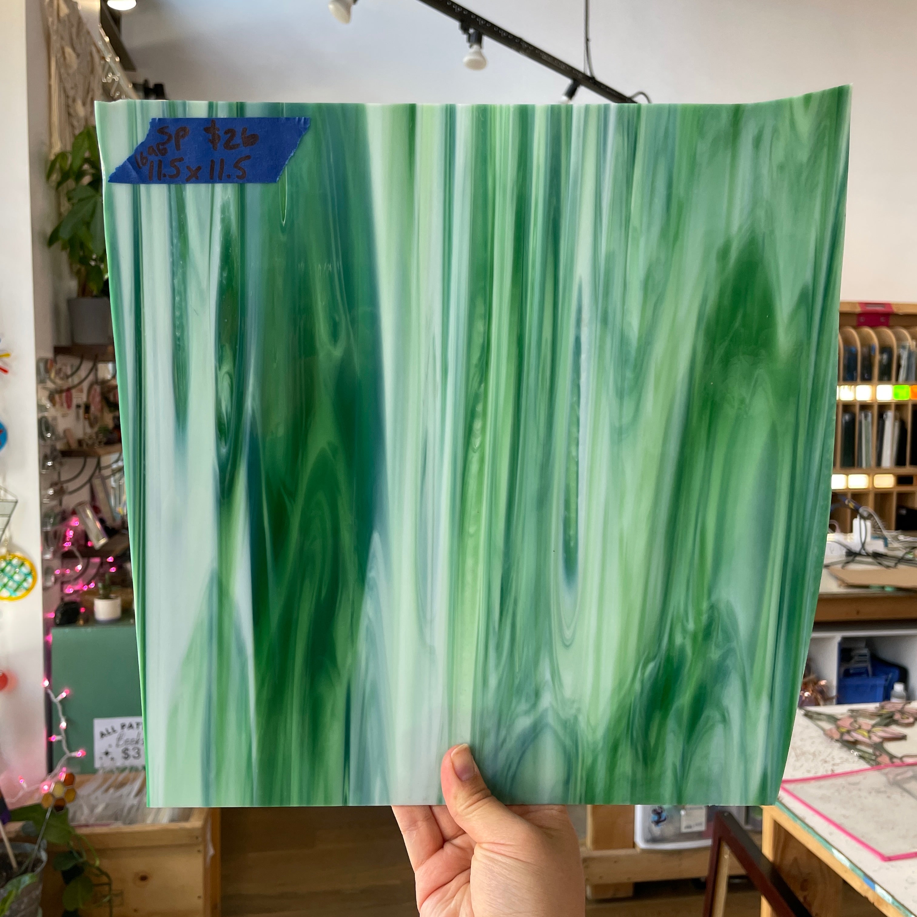 Green White Wispy Spectrum Sheet Glass Colorado Glassworks SP1696 (11.5x11.5in)