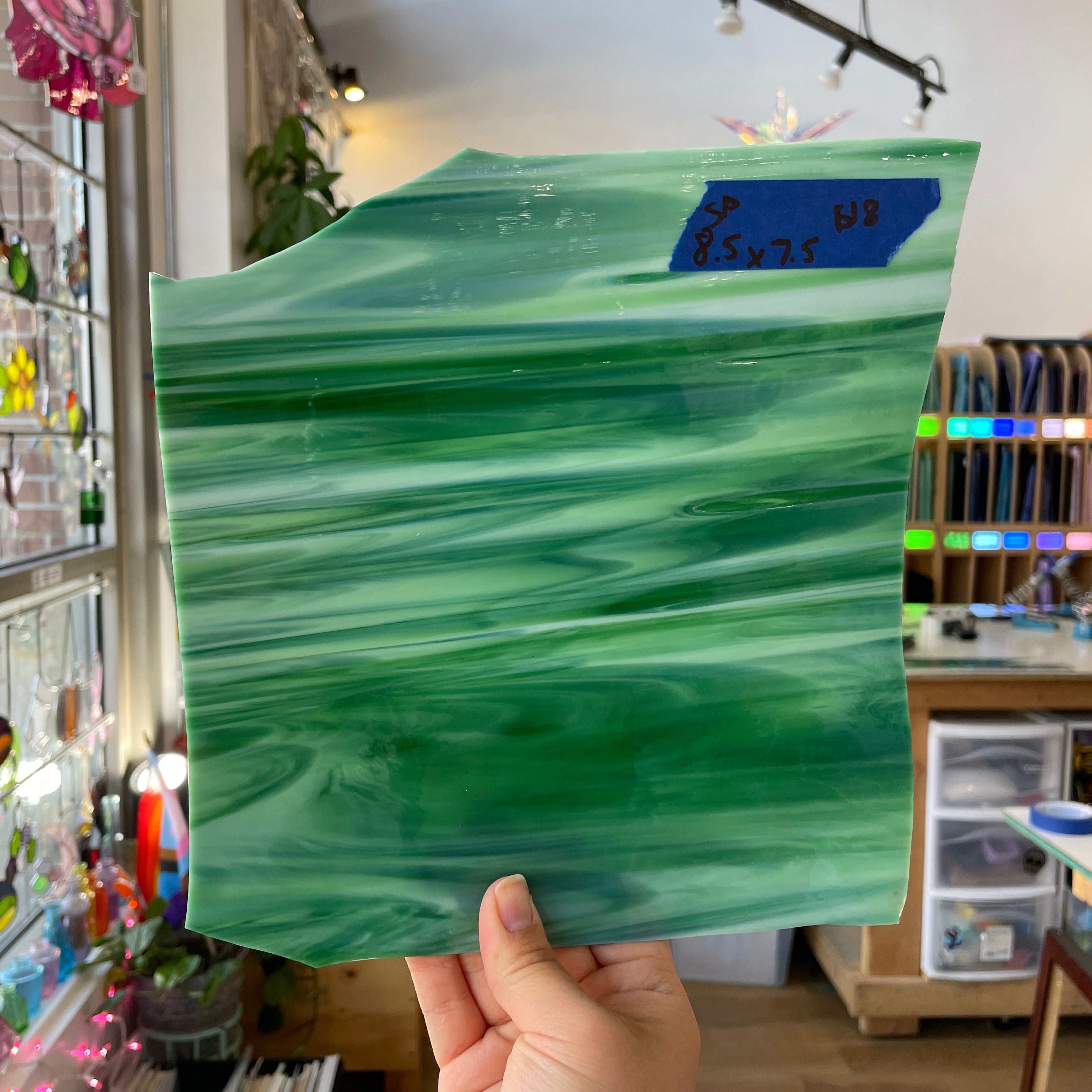Green White Wispy Spectrum Sheet Glass Colorado Glassworks SP1727 (8.5x7.5in)