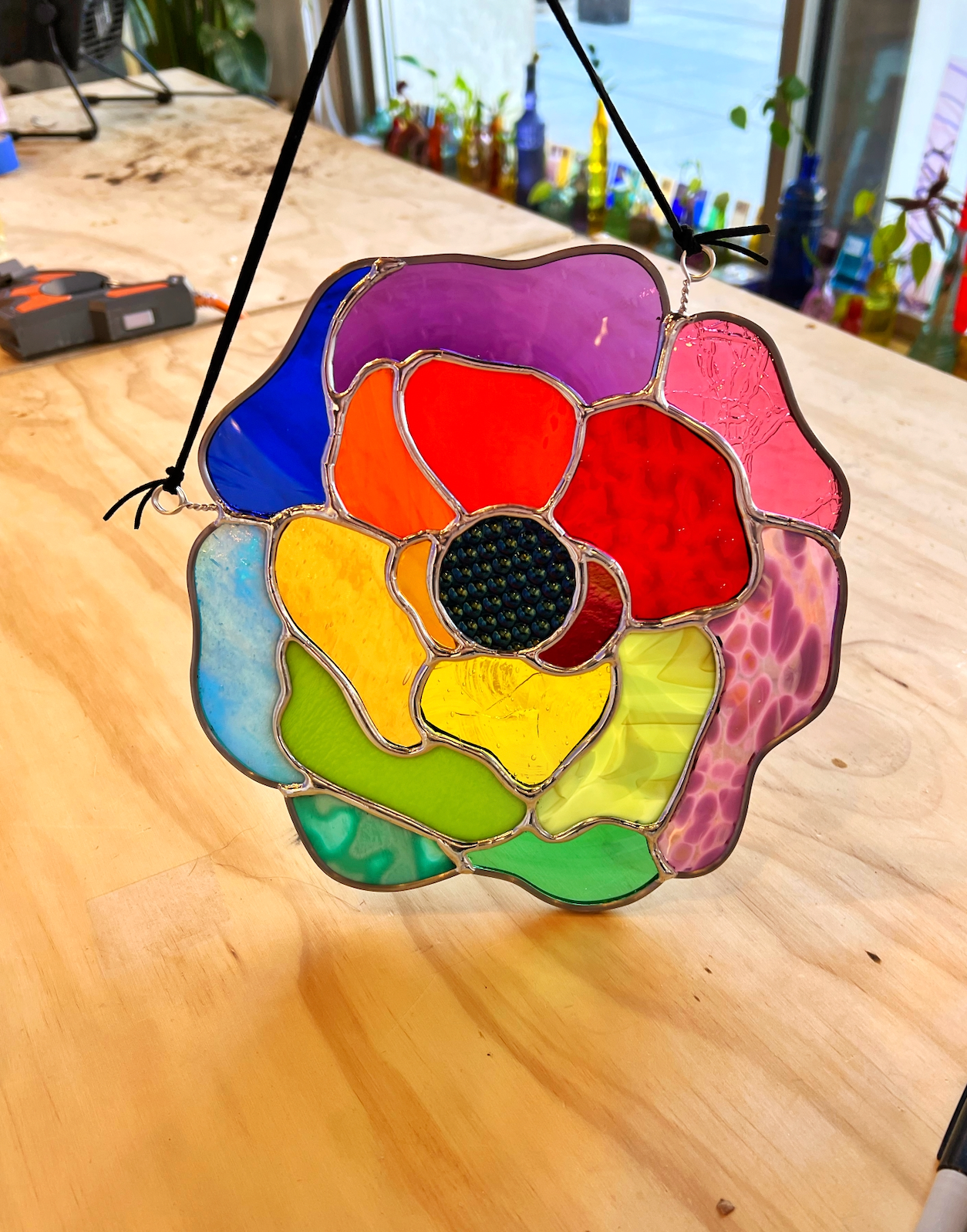 Rainbow flower stained glass art
