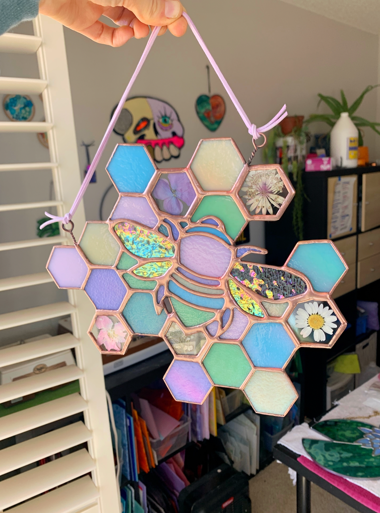 Bee Stained Glass Art piece with beautiful spring colors