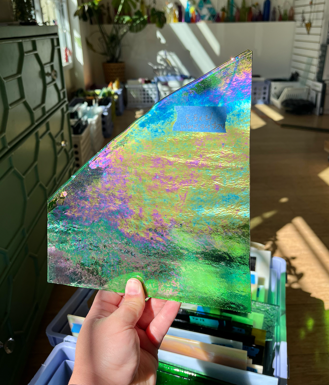 Green Iridescent Transparent Wissmach Fusible 96 COE Sheet Glass Colorado Glassworks WM234 (8.5x4in)  