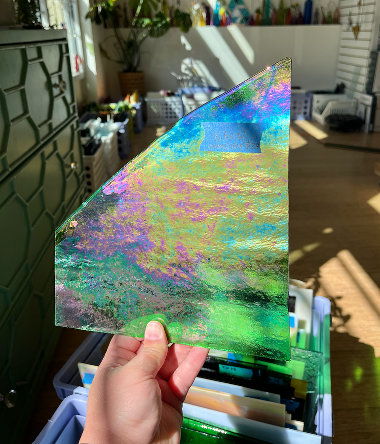 Green Iridescent Transparent Wissmach Fusible 96 COE Sheet Glass Colorado Glassworks WM234 (8.5x4in)  