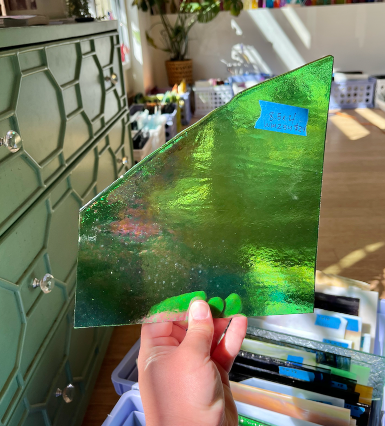 Green Iridescent Transparent Wissmach Fusible 96 COE Sheet Glass Colorado Glassworks   
