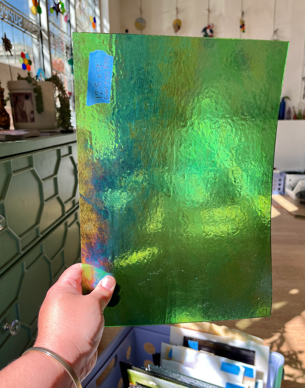 Green Iridescent Transparent Wissmach Fusible 96 COE Sheet Glass Colorado Glassworks WM235 (12.5x9in)  
