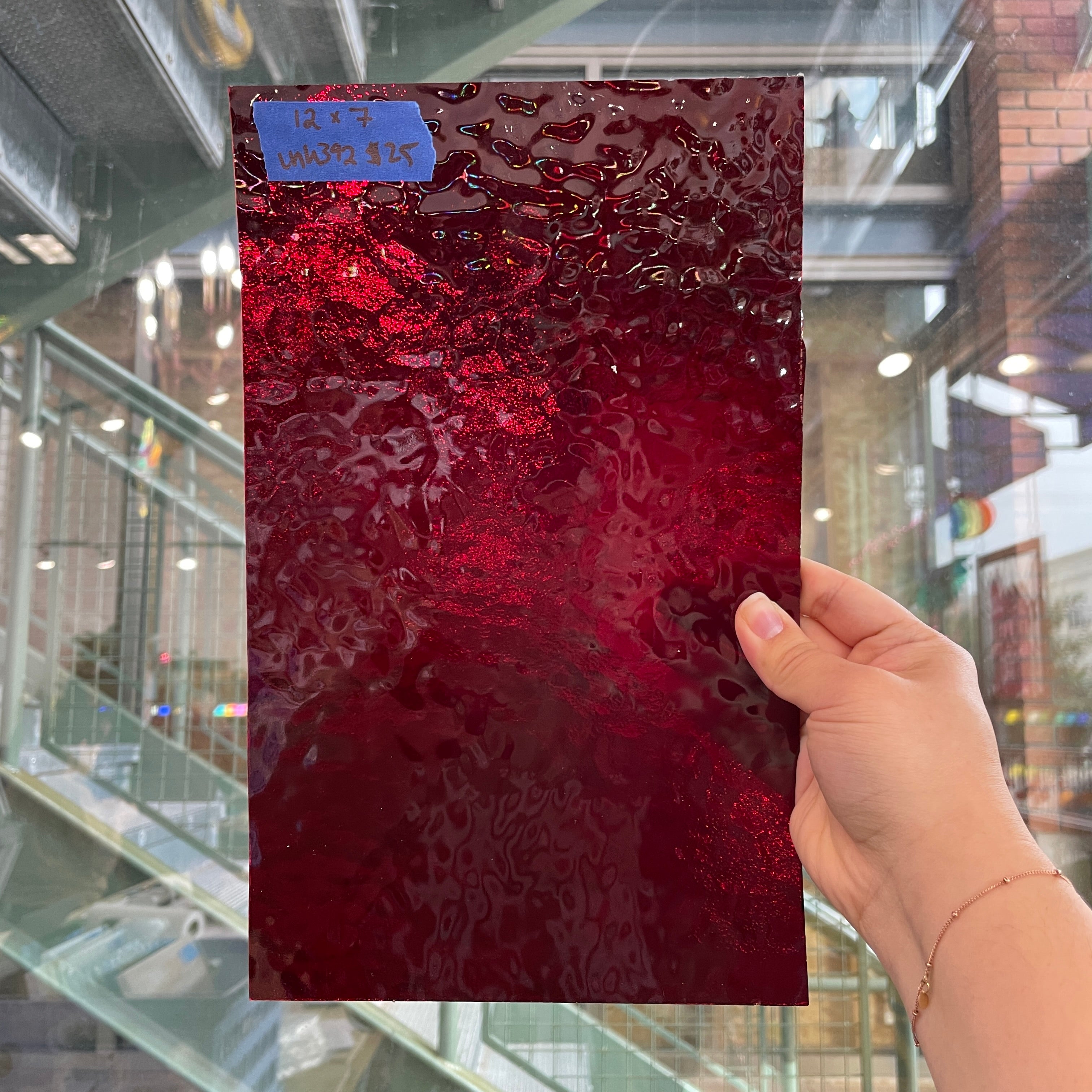 Ruby Red Textured Transparent Sheet Glass Colorado Glassworks UNK392 (12x7in)
