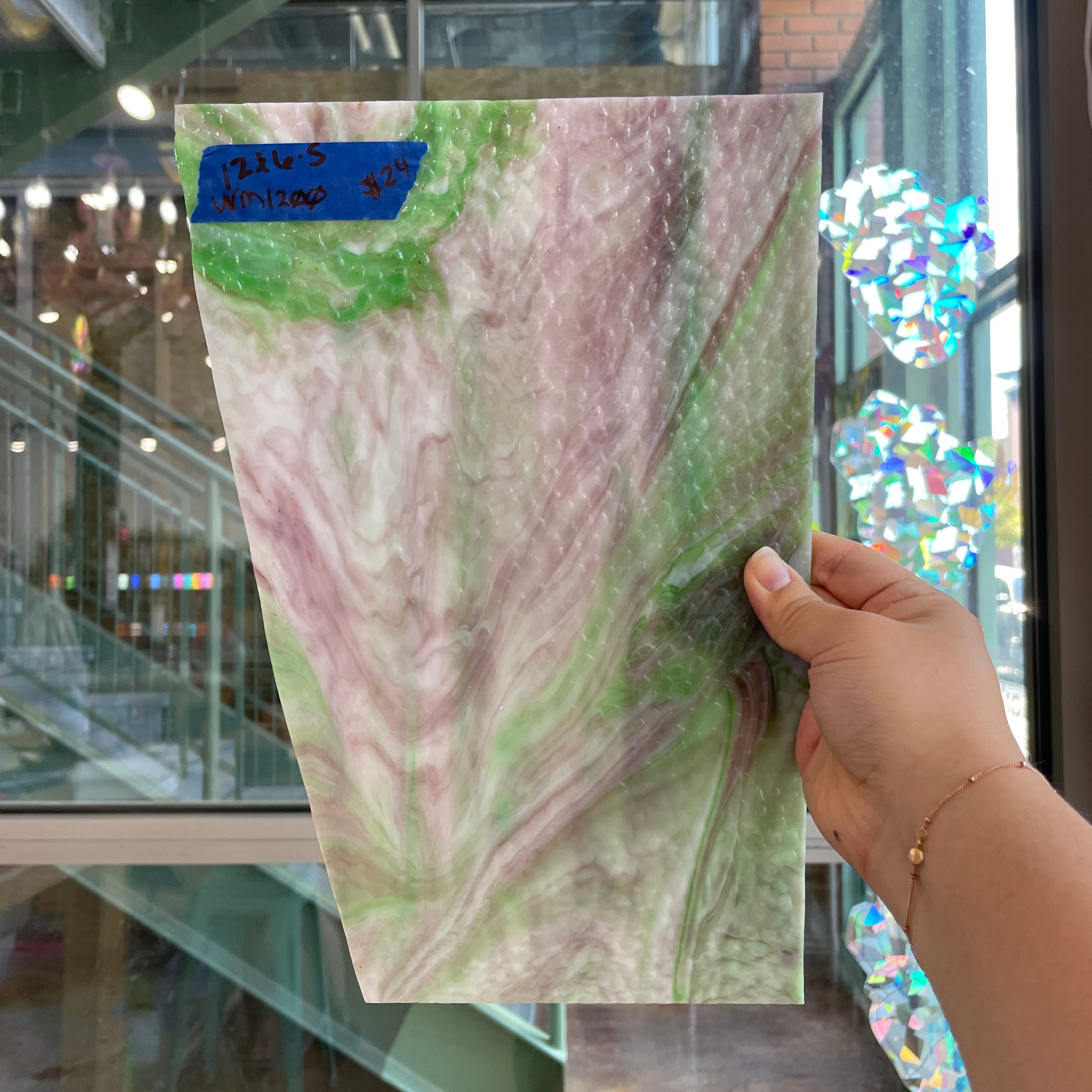 Green Purple White Wispy Hammered Wissmach Sheet Glass Kokomo WM1200 (12x6.5in)
