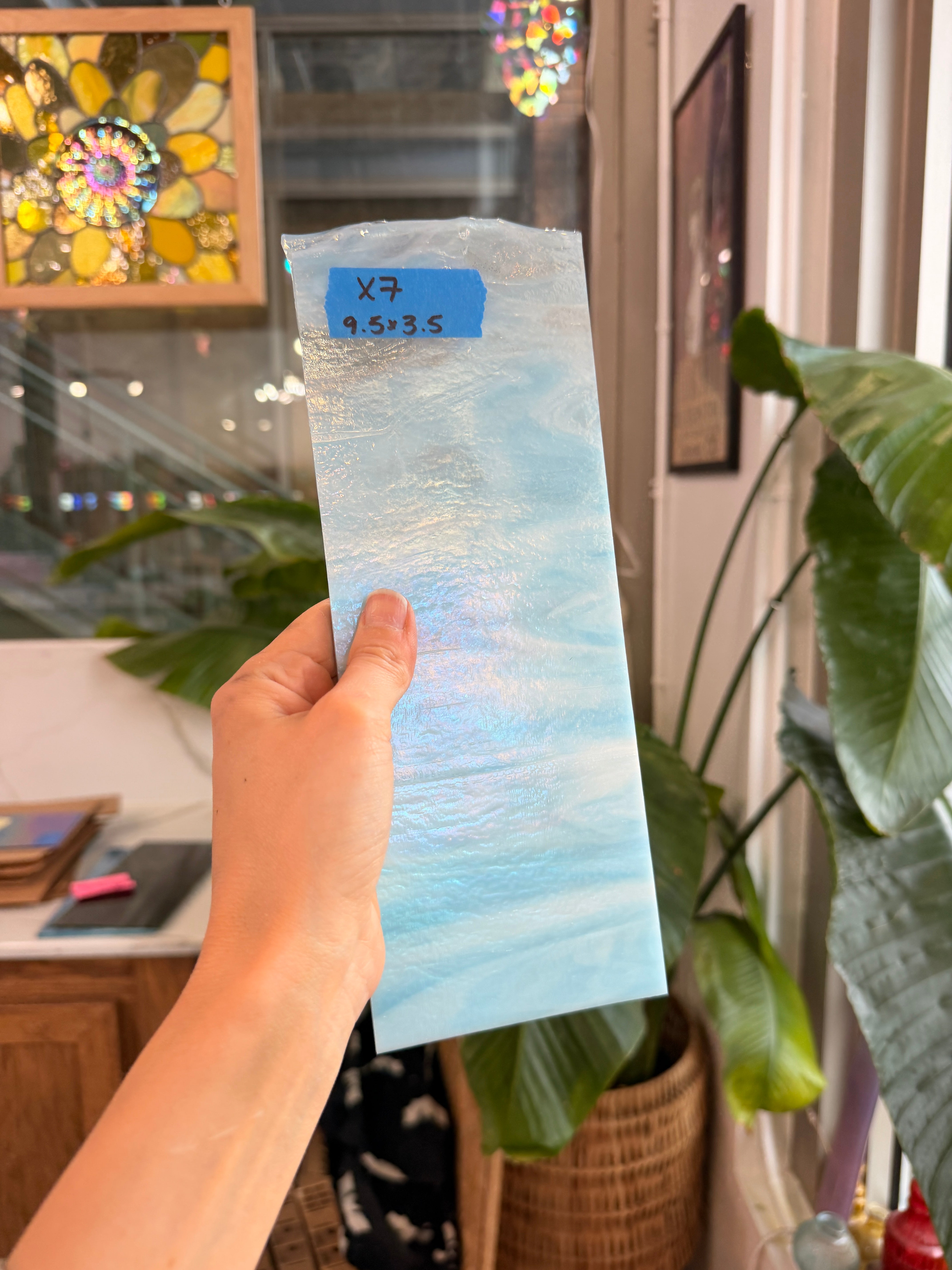 Rocky Mountain Sky Iridescent Blue White Wispy Bullseye Fusible 90 COE Fusible Sheet Glass Bullseye Glass X7 (9.5x3.5in)