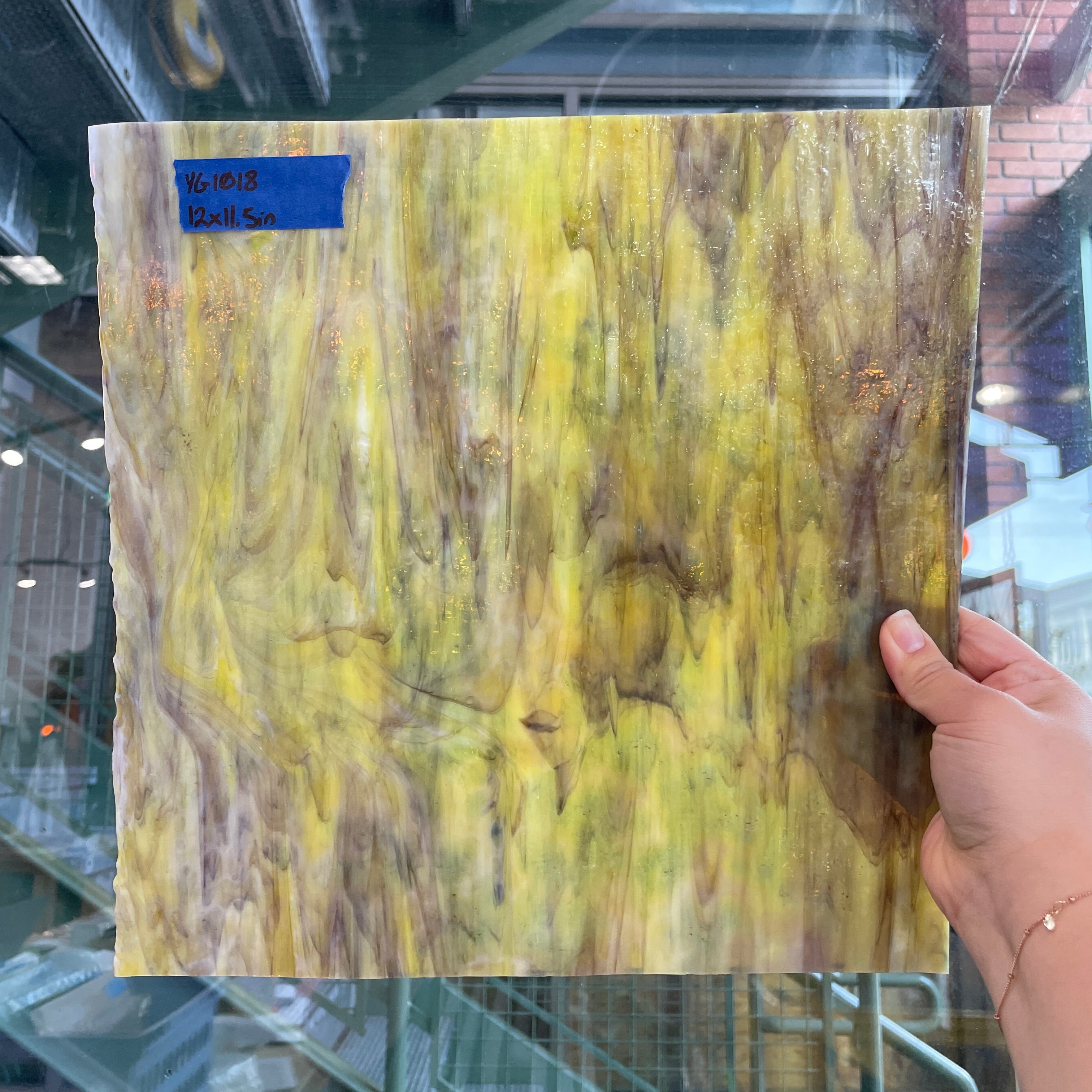 Golden Yellow / Amber/ Purple with Green Ring Mottle Youghiogheny Sheet Glass Colorado Glassworks YG1018 (12x11.5in)