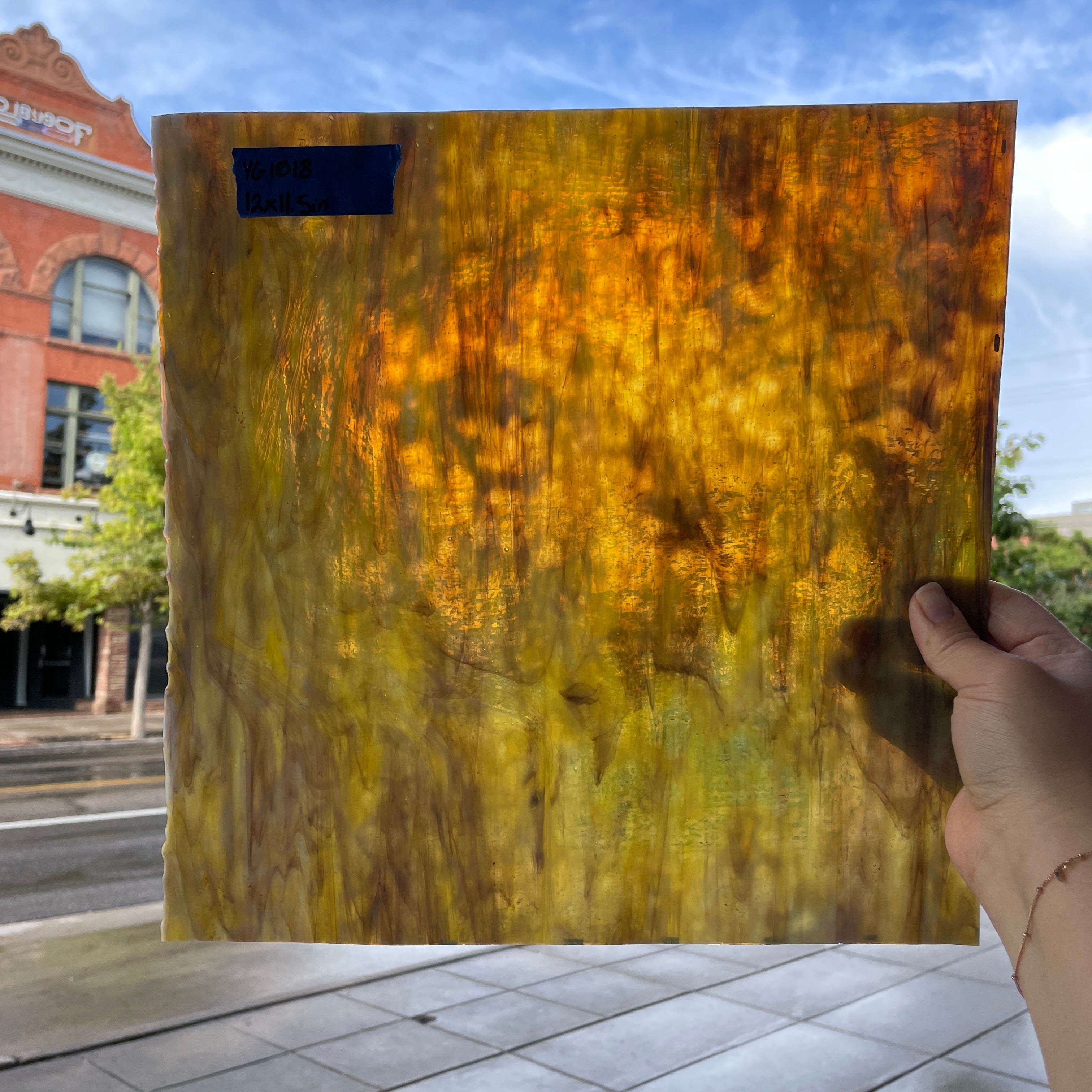 Golden Yellow / Amber/ Purple with Green Ring Mottle Youghiogheny Sheet Glass Colorado Glassworks