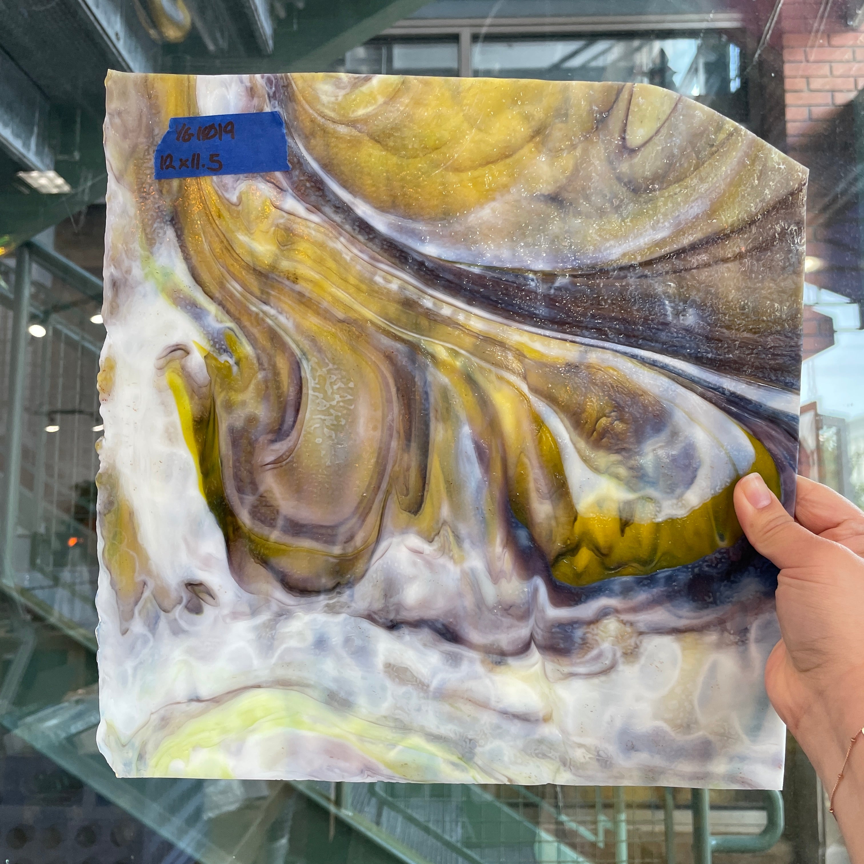 Golden Yellow / Amber/ Purple with Green Ring Mottle Youghiogheny Sheet Glass Colorado Glassworks YG1019 (12x11.5in)