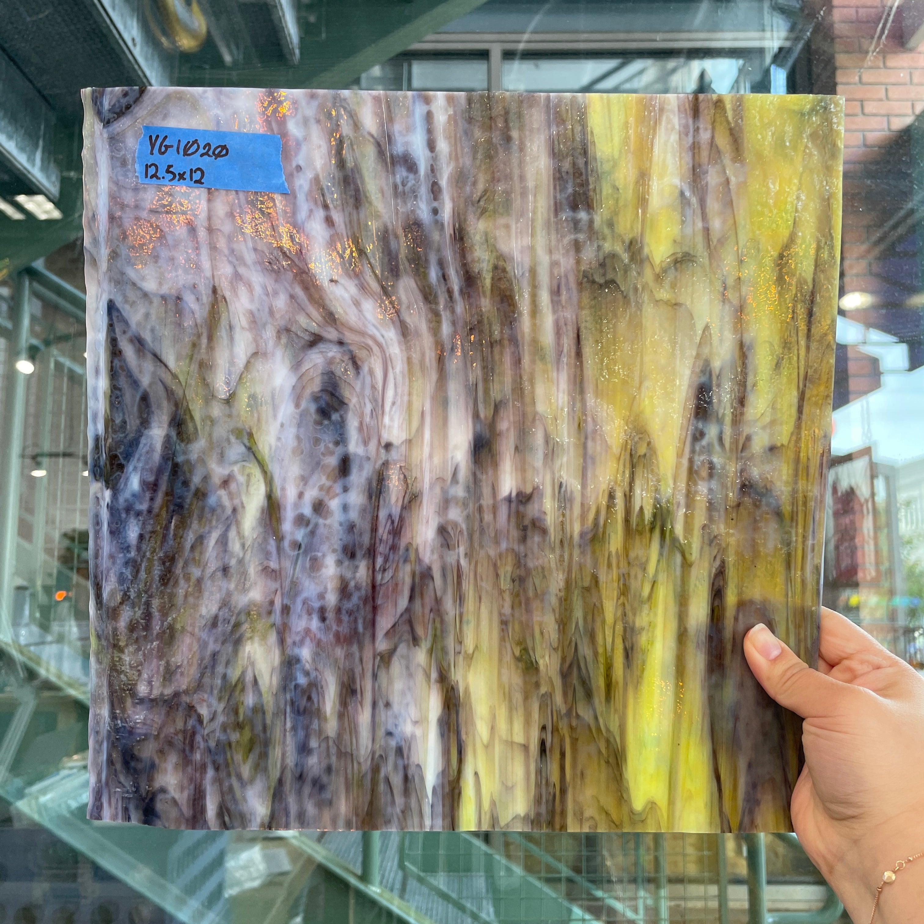 Golden Yellow / Amber/ Purple with Green Ring Mottle Youghiogheny Sheet Glass Colorado Glassworks YG1020 (12.5x12in)