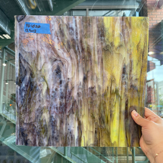 Golden Yellow / Amber/ Purple with Green Ring Mottle Youghiogheny Sheet Glass Colorado Glassworks YG1020 (12.5x12in)