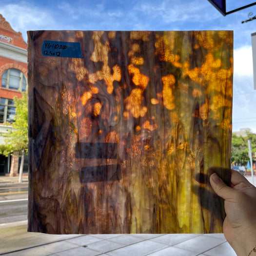 Golden Yellow / Amber/ Purple with Green Ring Mottle Youghiogheny Sheet Glass Colorado Glassworks