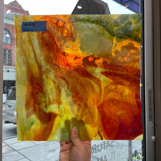 Red / Orange / Yellow on White with Green Ring Mottle Youghiogheny Sheet Glass Colorado Glassworks