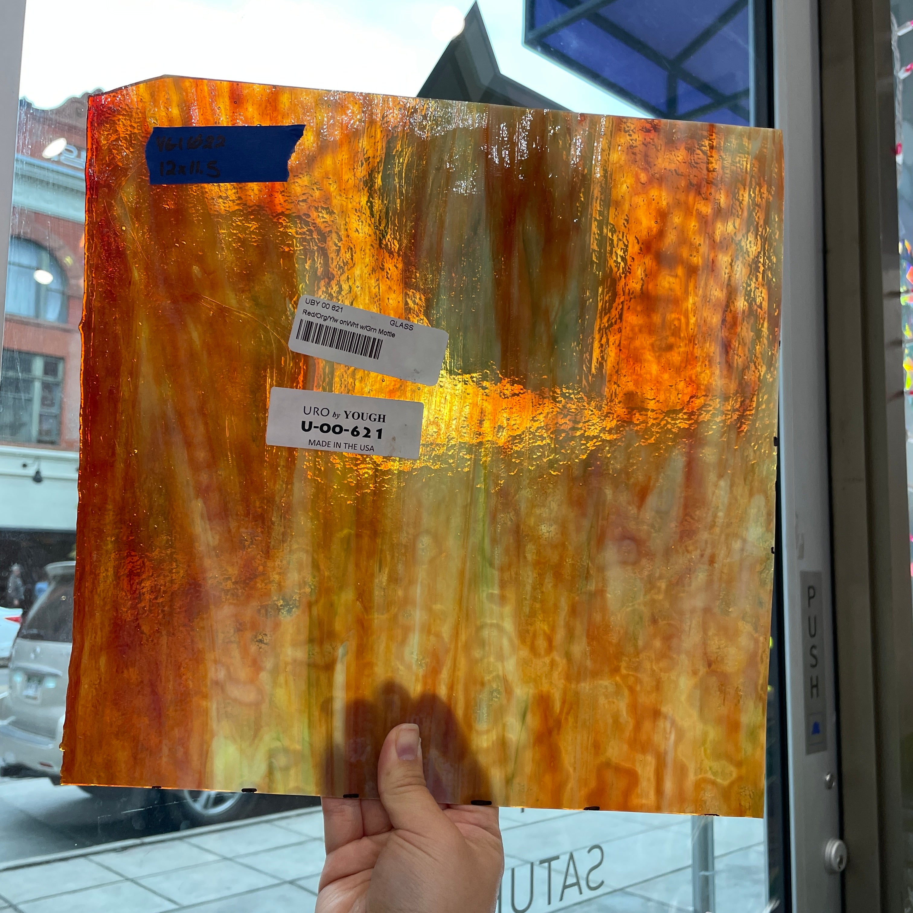 Red / Orange / Yellow on White with Green Ring Mottle Youghiogheny Sheet Glass Colorado Glassworks