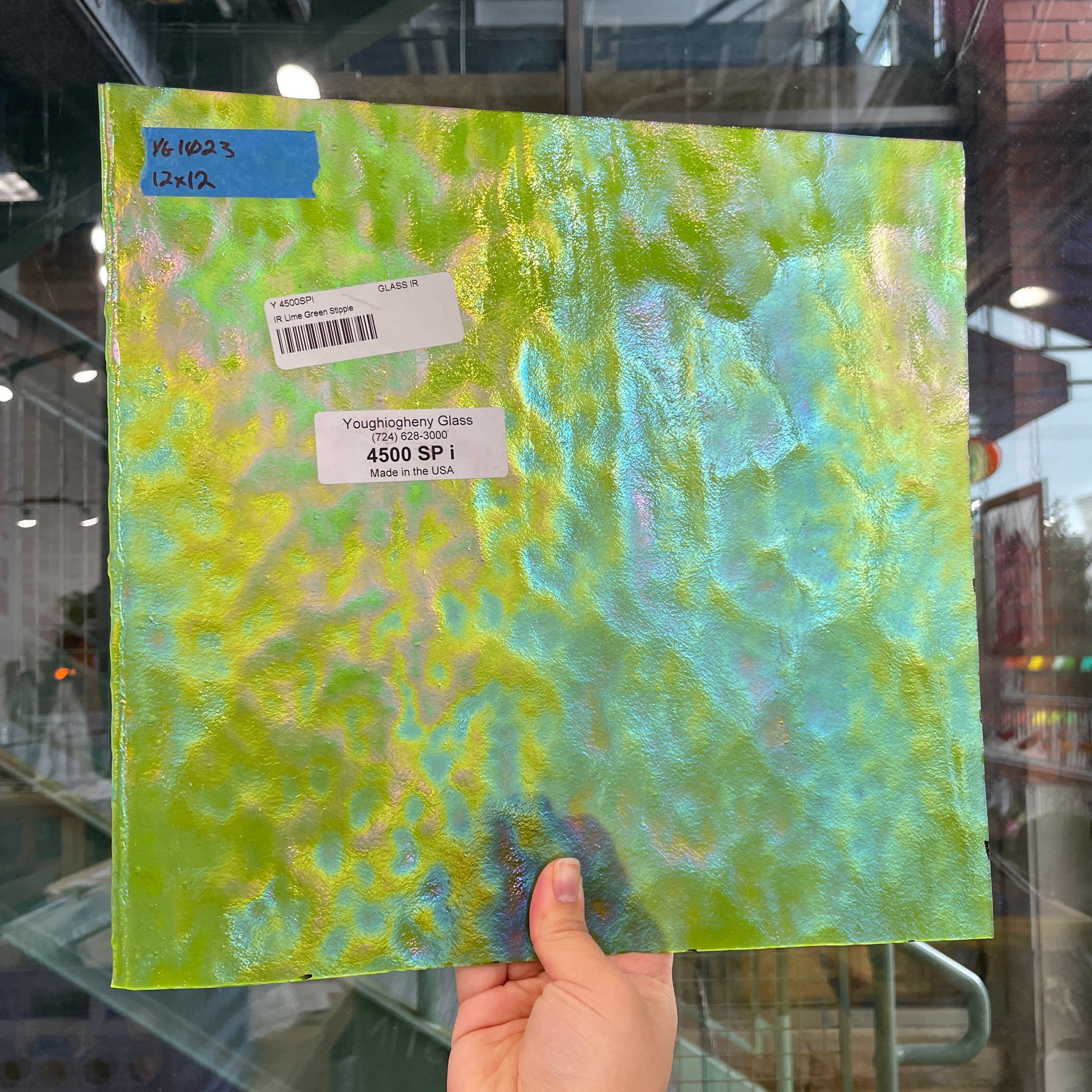 Lime Green Stipple Iridescent Youghiogheny Sheet Glass Colorado Glassworks YG1023 (12x12in)