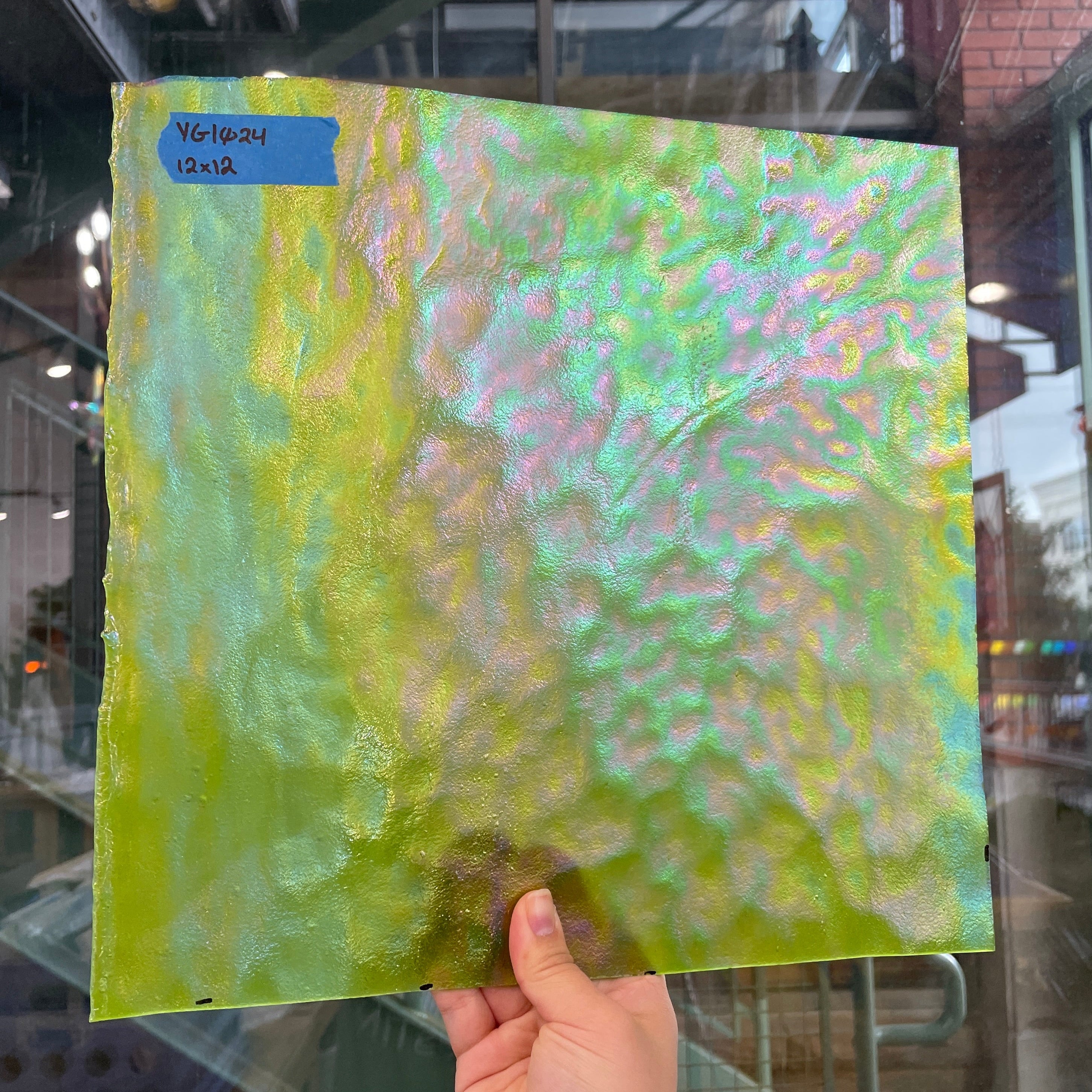 Lime Green Stipple Iridescent Youghiogheny Sheet Glass Colorado Glassworks YG1024 (12x12in)