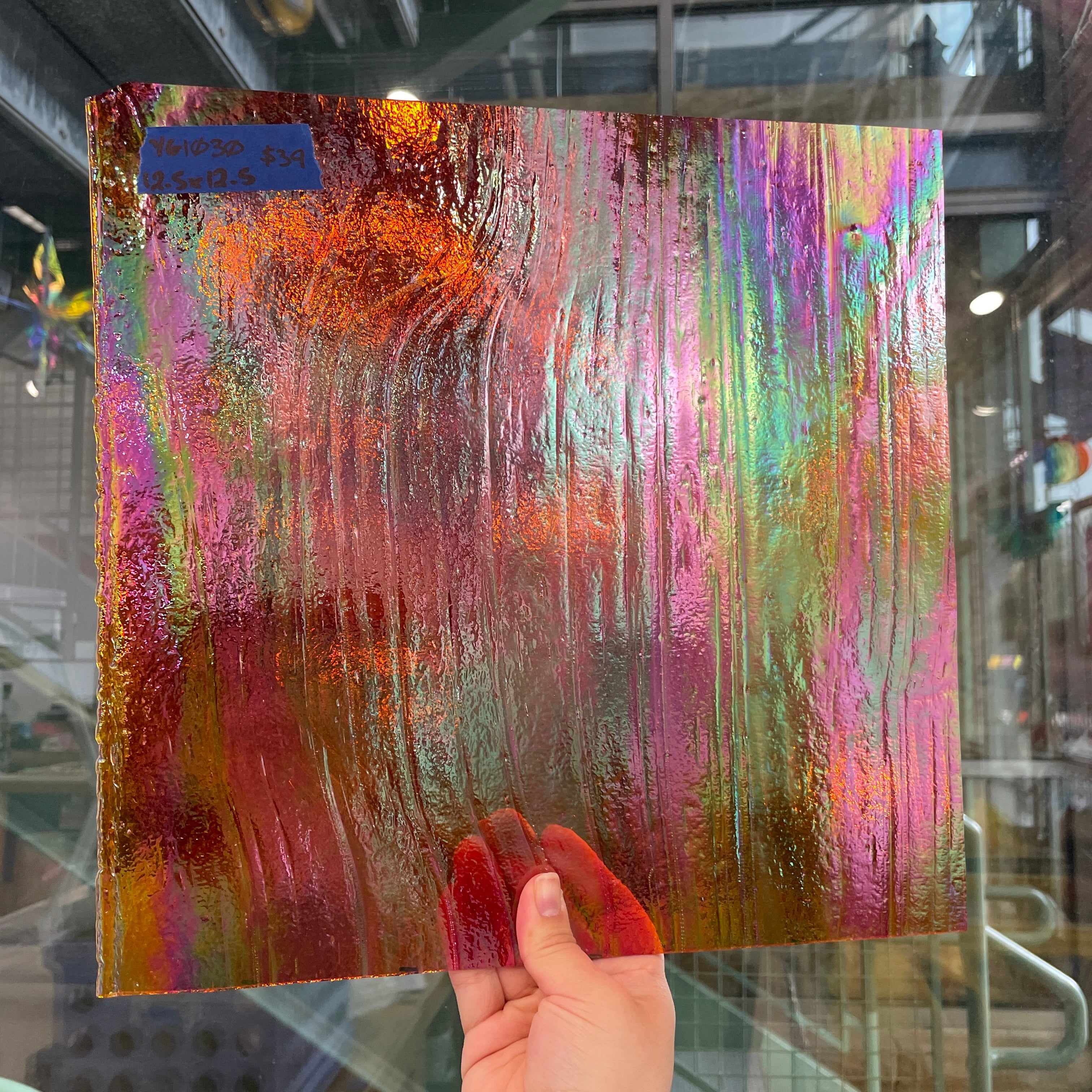Red Cathedral Iridescent Youghiogheny Fusible 96 COE Sheet Glass Colorado Glassworks YG1030 (12.5x12.5in)