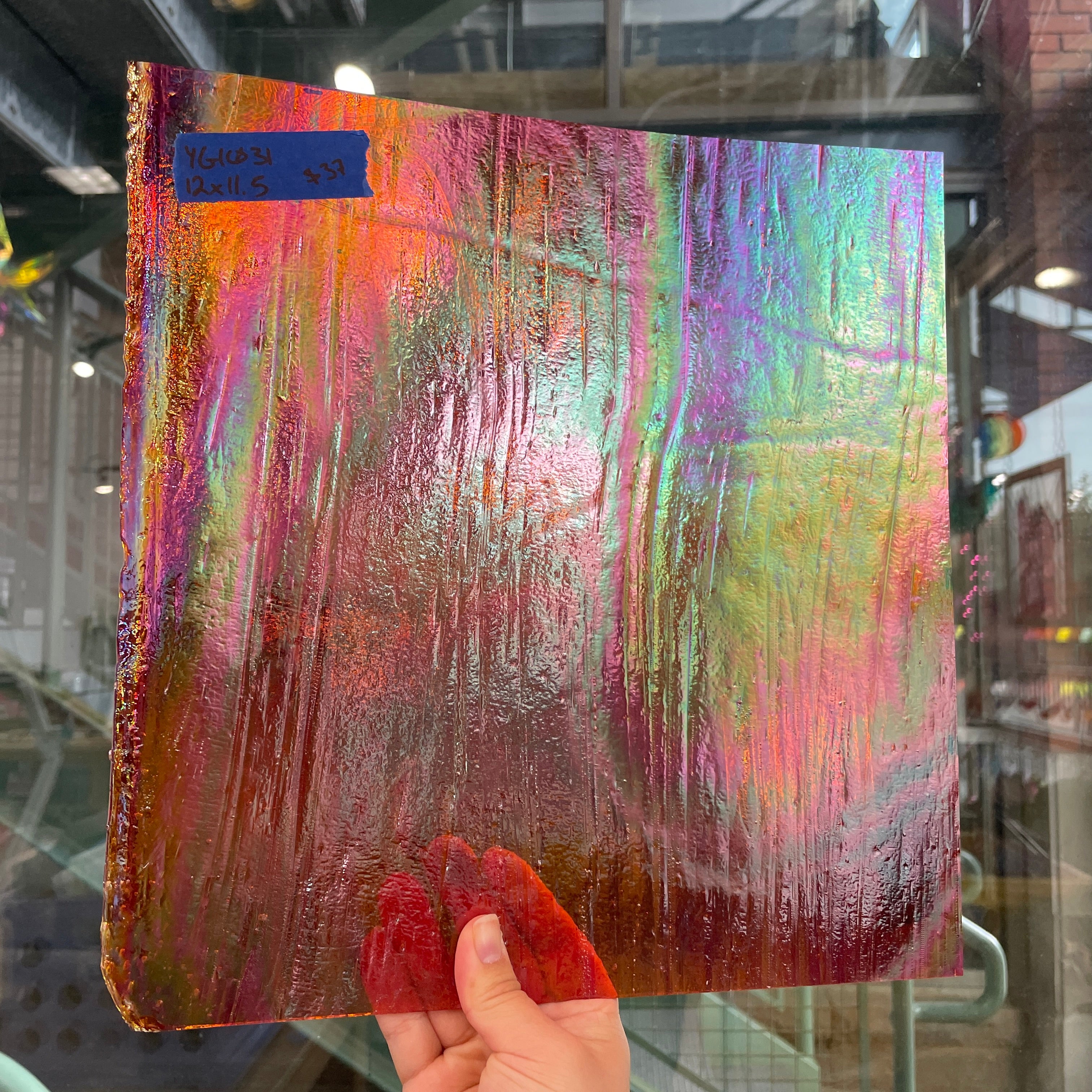 Red Cathedral Iridescent Youghiogheny Fusible 96 COE Sheet Glass Colorado Glassworks YG1031 (11.5x12in)