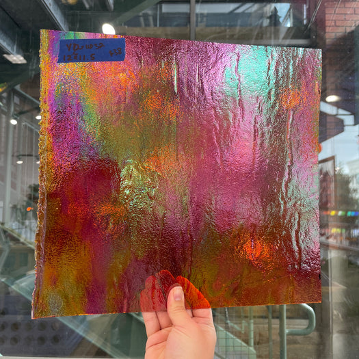 Red Cathedral Iridescent Youghiogheny Fusible 96 COE Sheet Glass Colorado Glassworks YG1032 (11.5x12.5in)