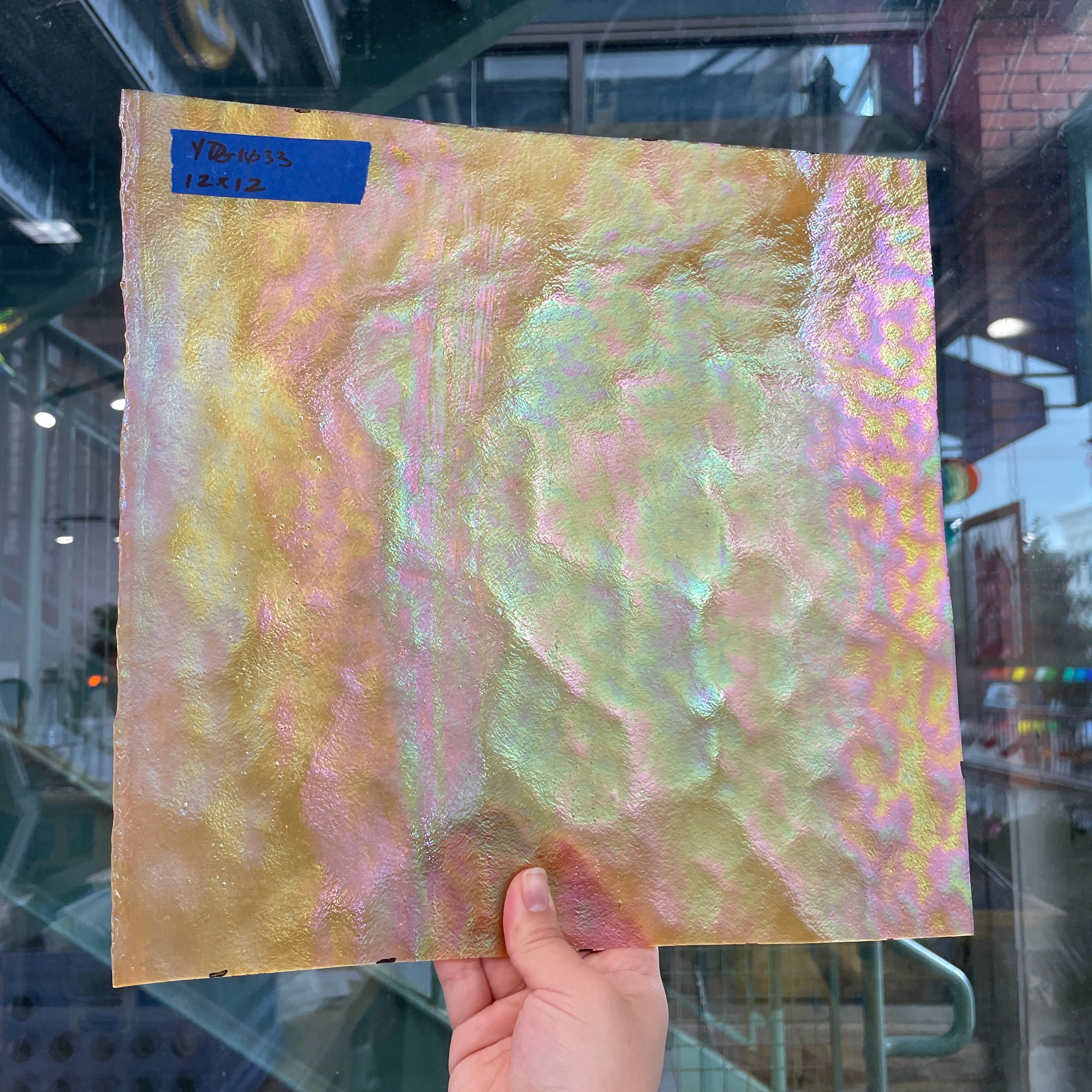 Beige Stipple Iridescent Youghiogheny Sheet Glass Colorado Glassworks YG1033 (12x12in)
