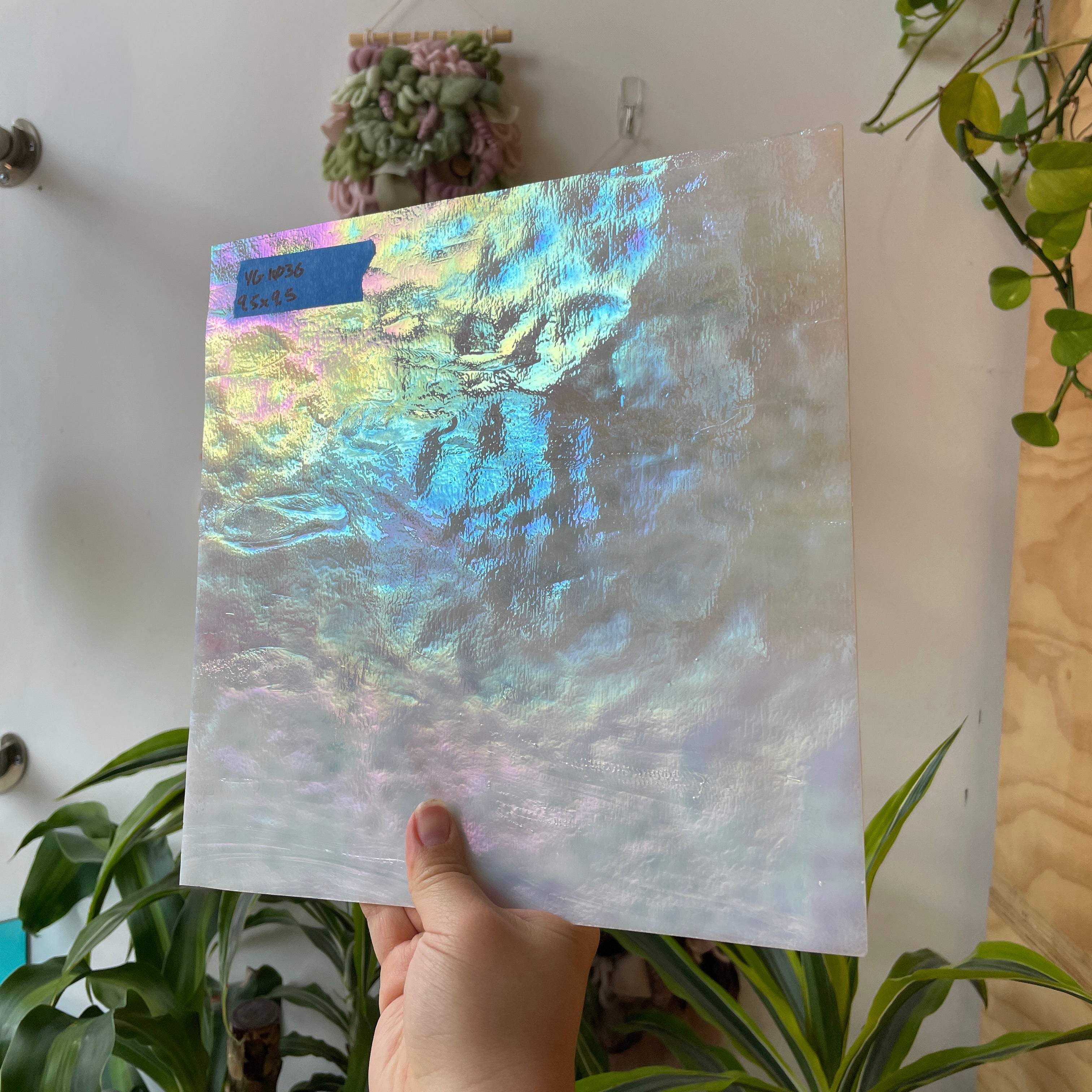 Iridescent White Mottled Youghiogheny Sheet Glass Colorado Glassworks YG1036 (9.5x9.5in)