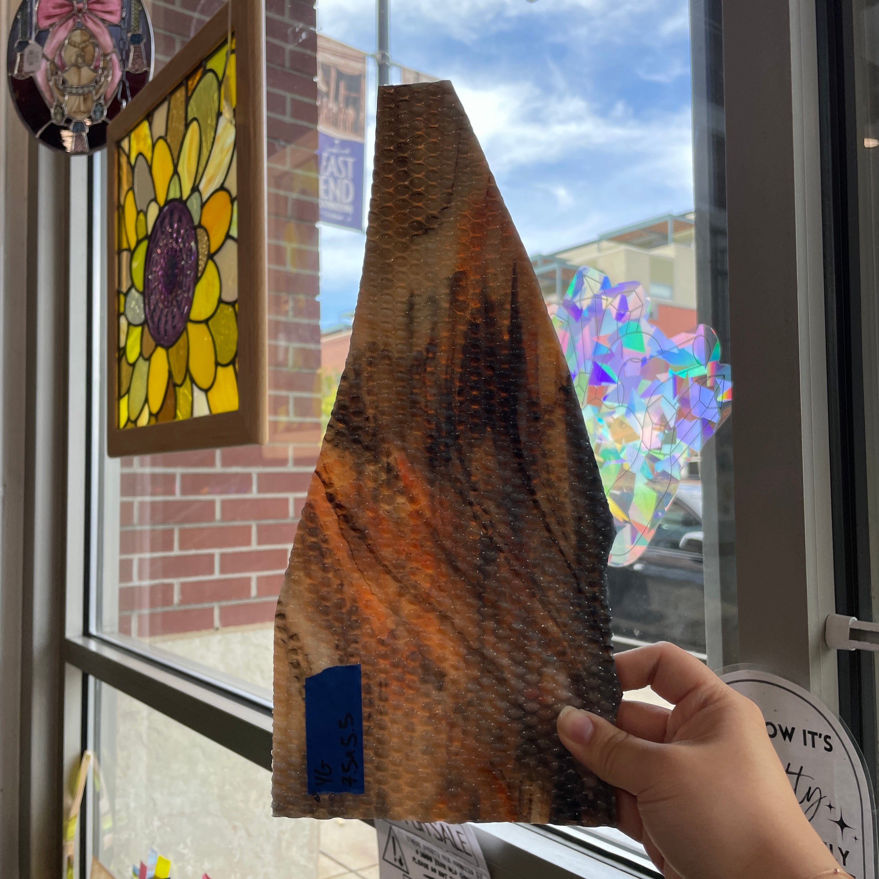 Koi / White with Orange/ Yellow and Black Highlights Radium Ripple Youghiogheny Sheet Glass Colorado Glassworks