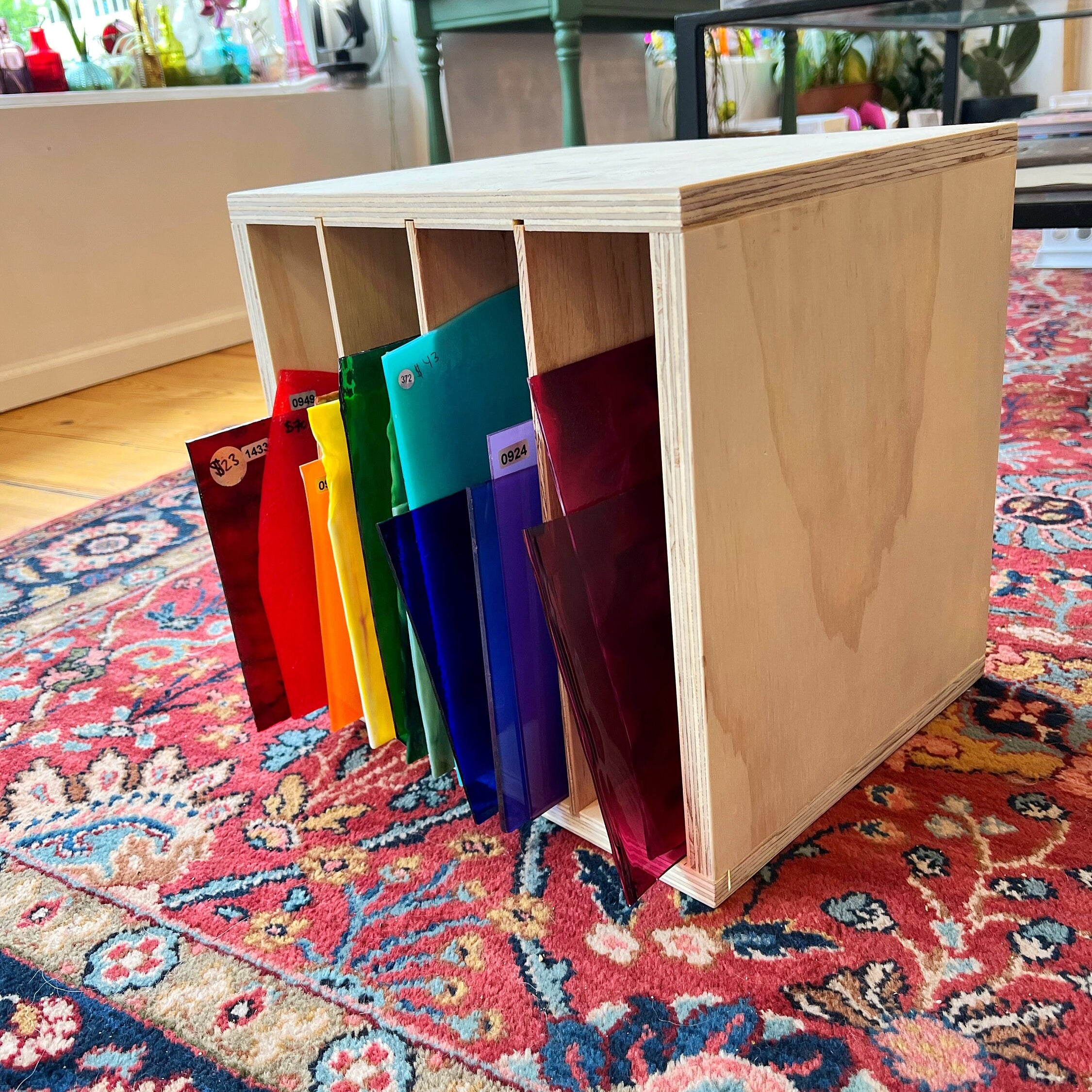 Made to order Stained Glass Storage Shelf (variety of sizes) - made in the USA, real wood, pre-built, and FREE shipping anywhere in the US!!  Colorado Glass Works   
