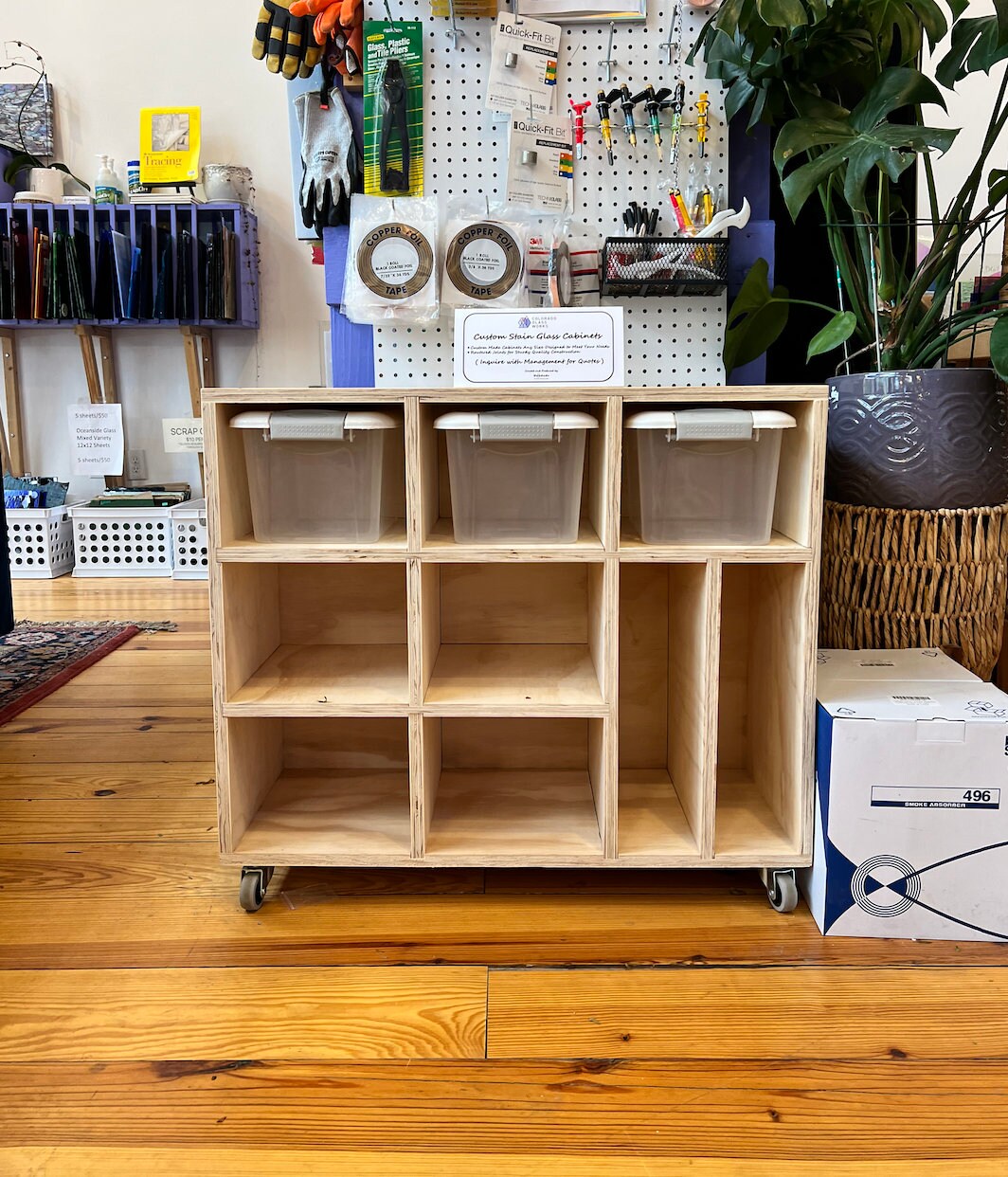 Made to order Stained Glass Storage Shelf (variety of sizes) - made in the USA, real wood, pre-built, and FREE shipping anywhere in the US!!  Colorado Glass Works   