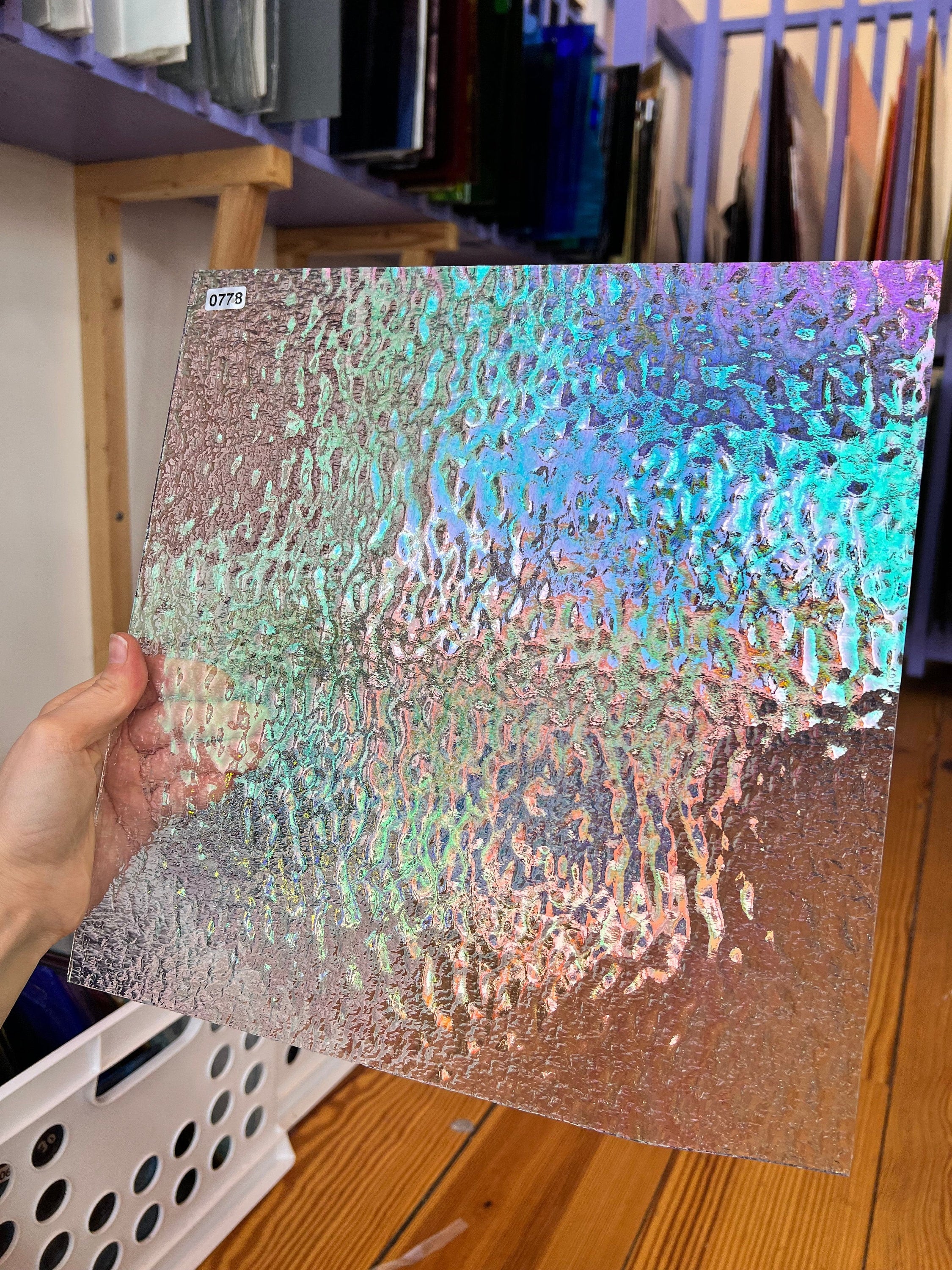 Clear Granite Iridescent Oceanside Fusible 96 COE (OGT 100GIRF) Sheet Glass Colorado Glass Works OS-CLEAR-I-G (12x12in)