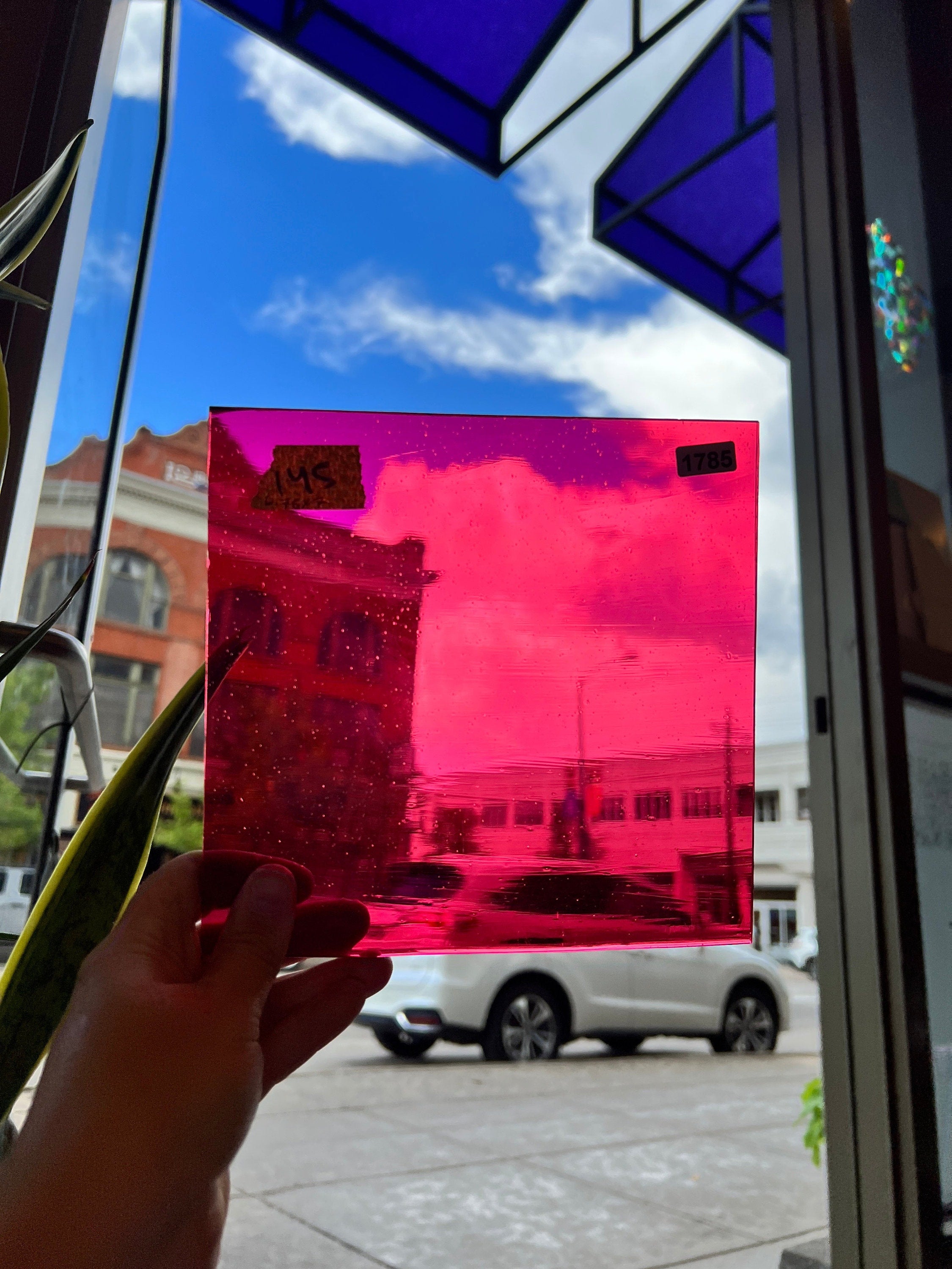 Flashed Hot Pink Mouth Blown Lamberts Sheet Glass Colorado Glass Works 1785 (6.5x7in)  